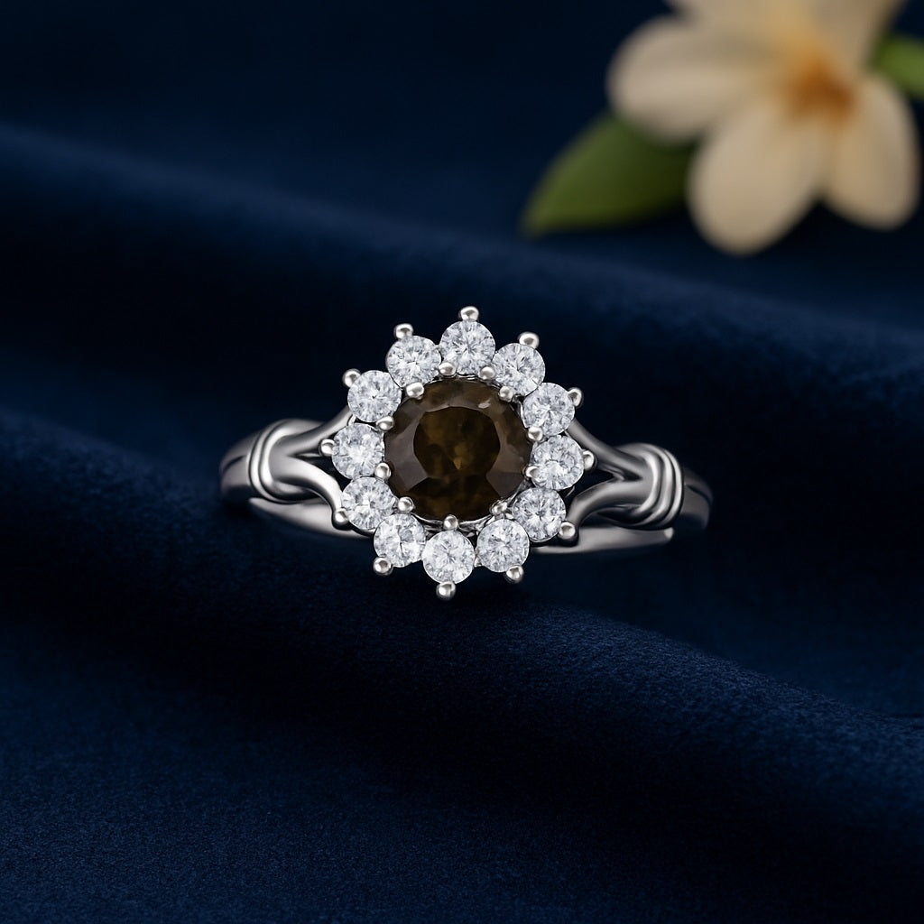 Smoky Quartz Floral Halo Design Ring – Sterling Silver