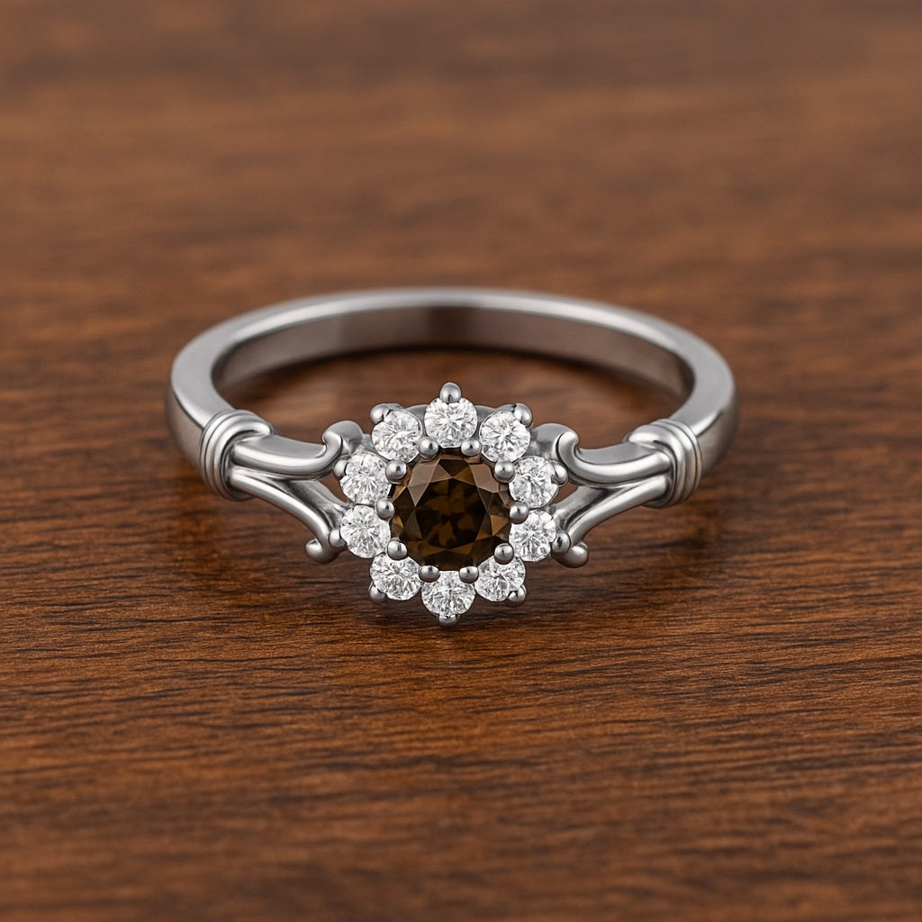 Smoky Quartz Floral Halo Design Ring – Sterling Silver