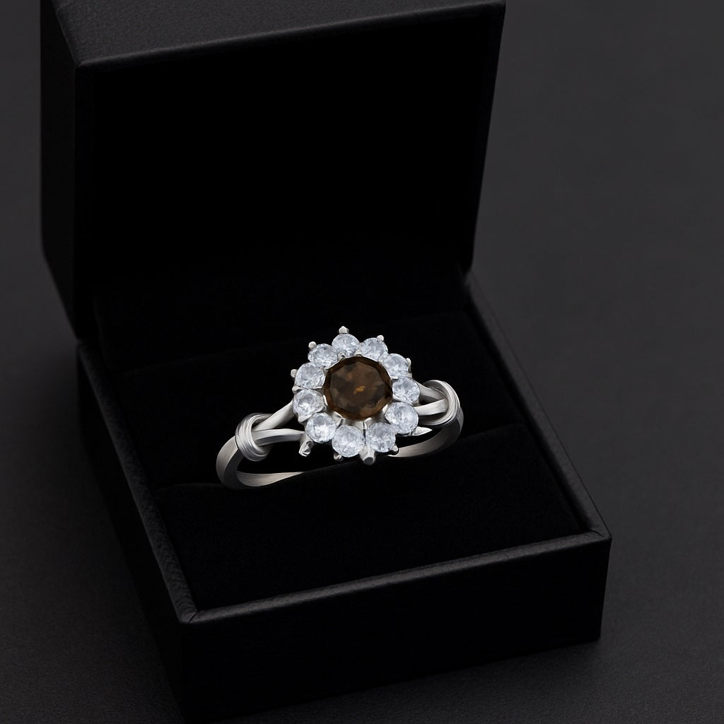 Smoky Quartz Floral Halo Design Ring – Sterling Silver