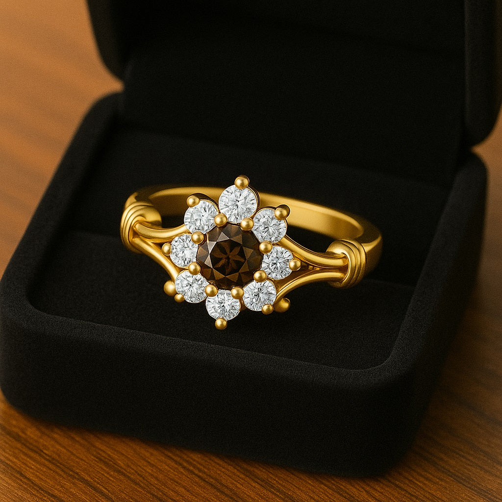 Smoky Quartz Floral Halo Design Ring – Sterling Silver