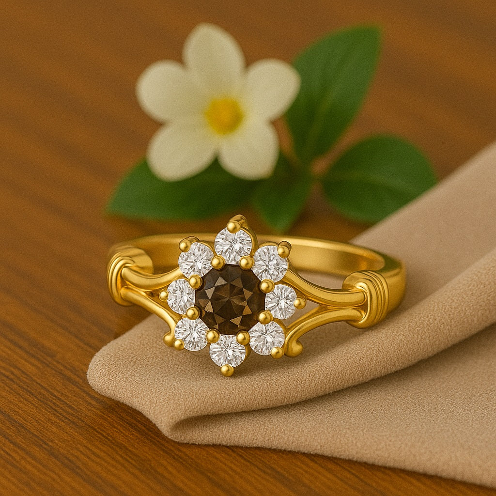 Smoky Quartz Floral Halo Design Ring – Sterling Silver