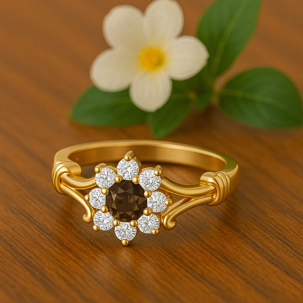 Smoky Quartz Floral Halo Design Ring – Sterling Silver