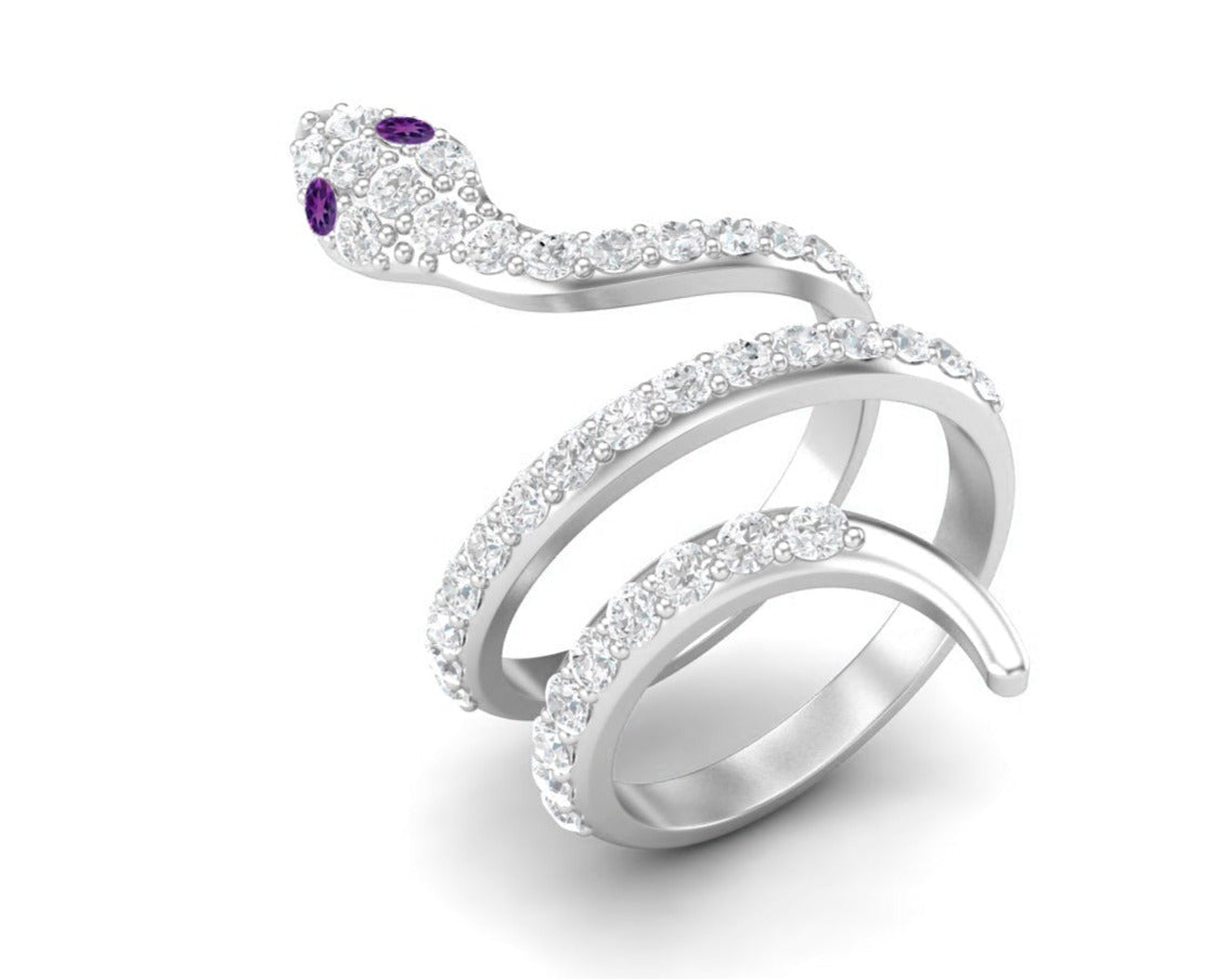 Amethyst Eyes Snake Wrap Ring – Sterling Silver