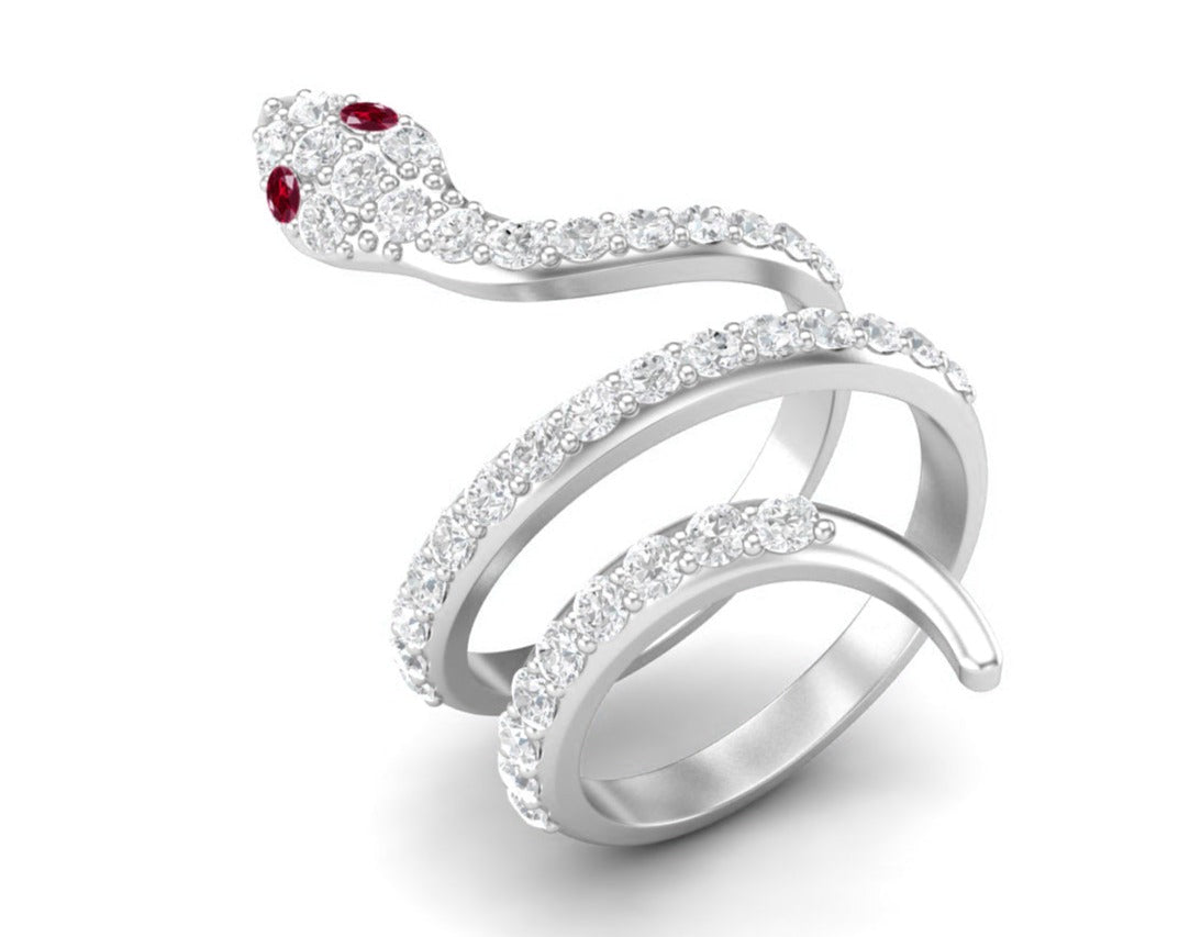 Ruby Red Eyes Snake Wrap Ring - Sterling Silver