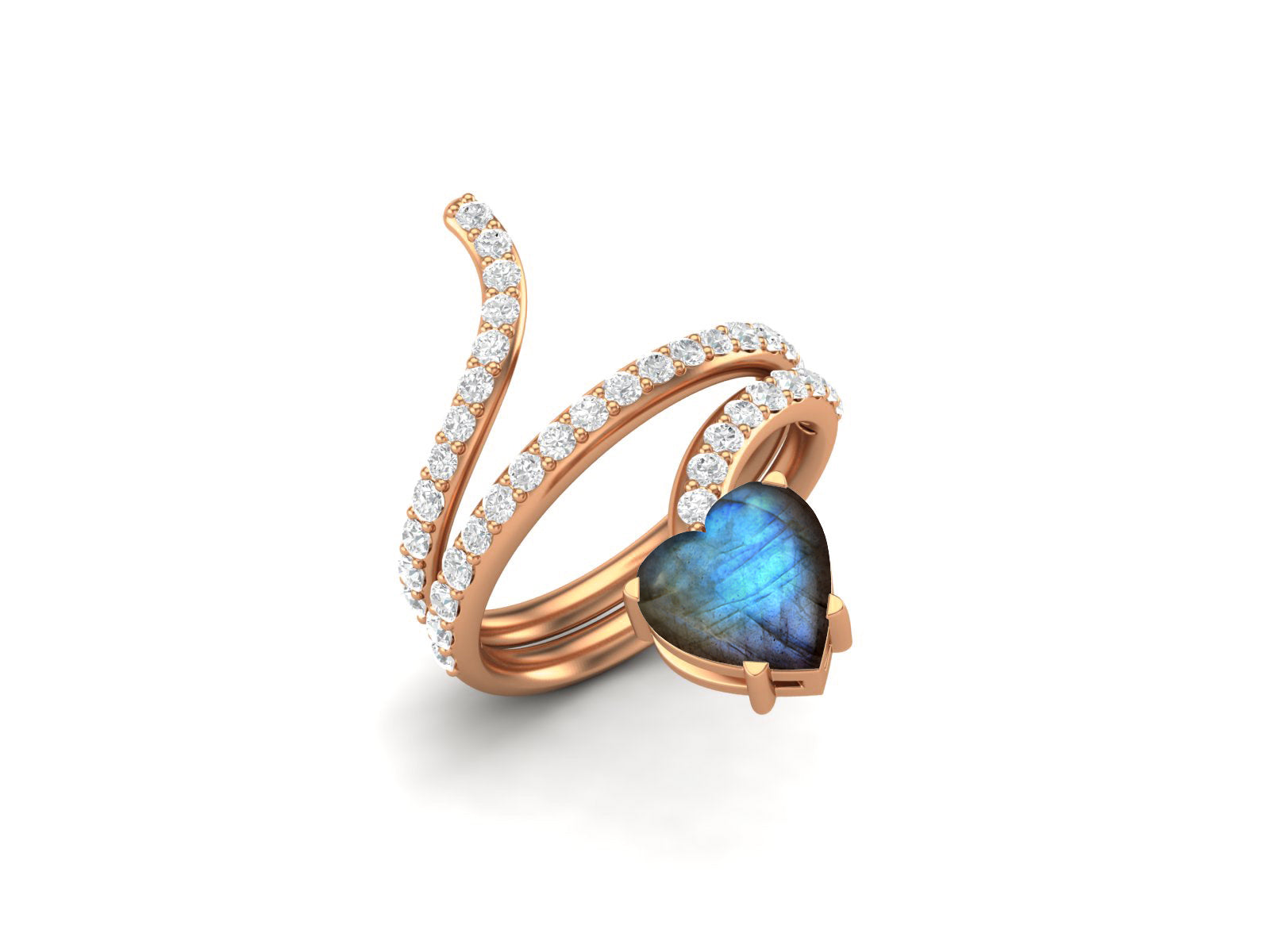 Anello a forma di serpente in labradorite a forma di cuore da 7 mm in argento sterling 925