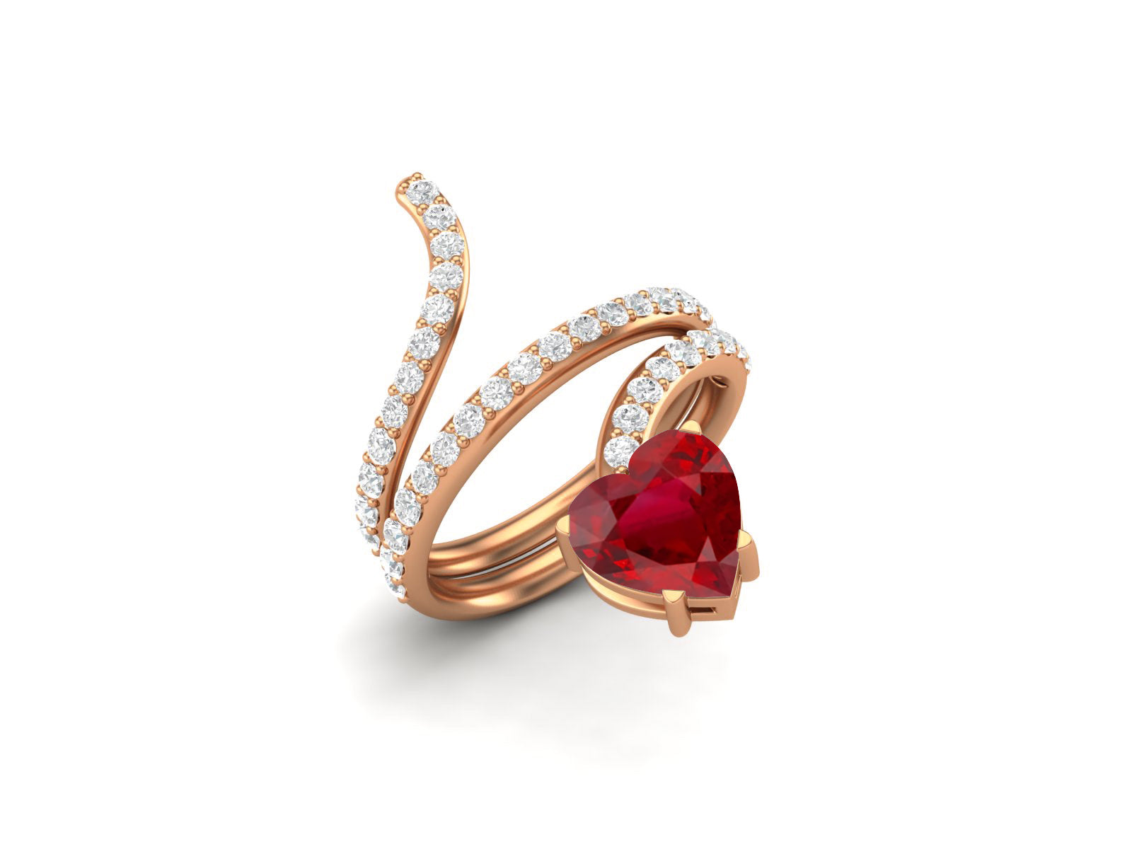 Ruby Heart-Shaped Snake Ring - Sterling Silver