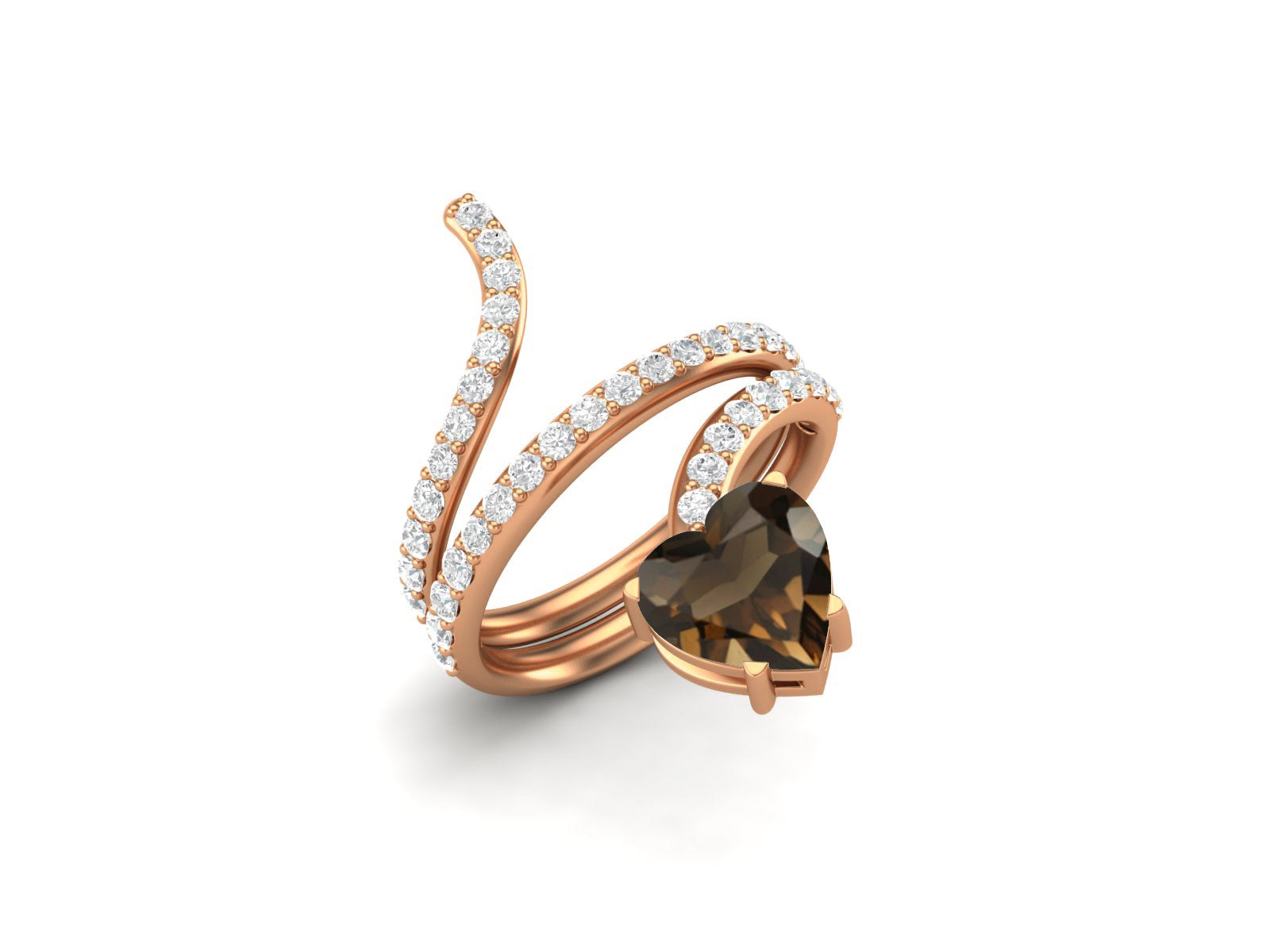 Anello a forma di serpente in quarzo fumé a forma di cuore da 7 mm in argento sterling 925