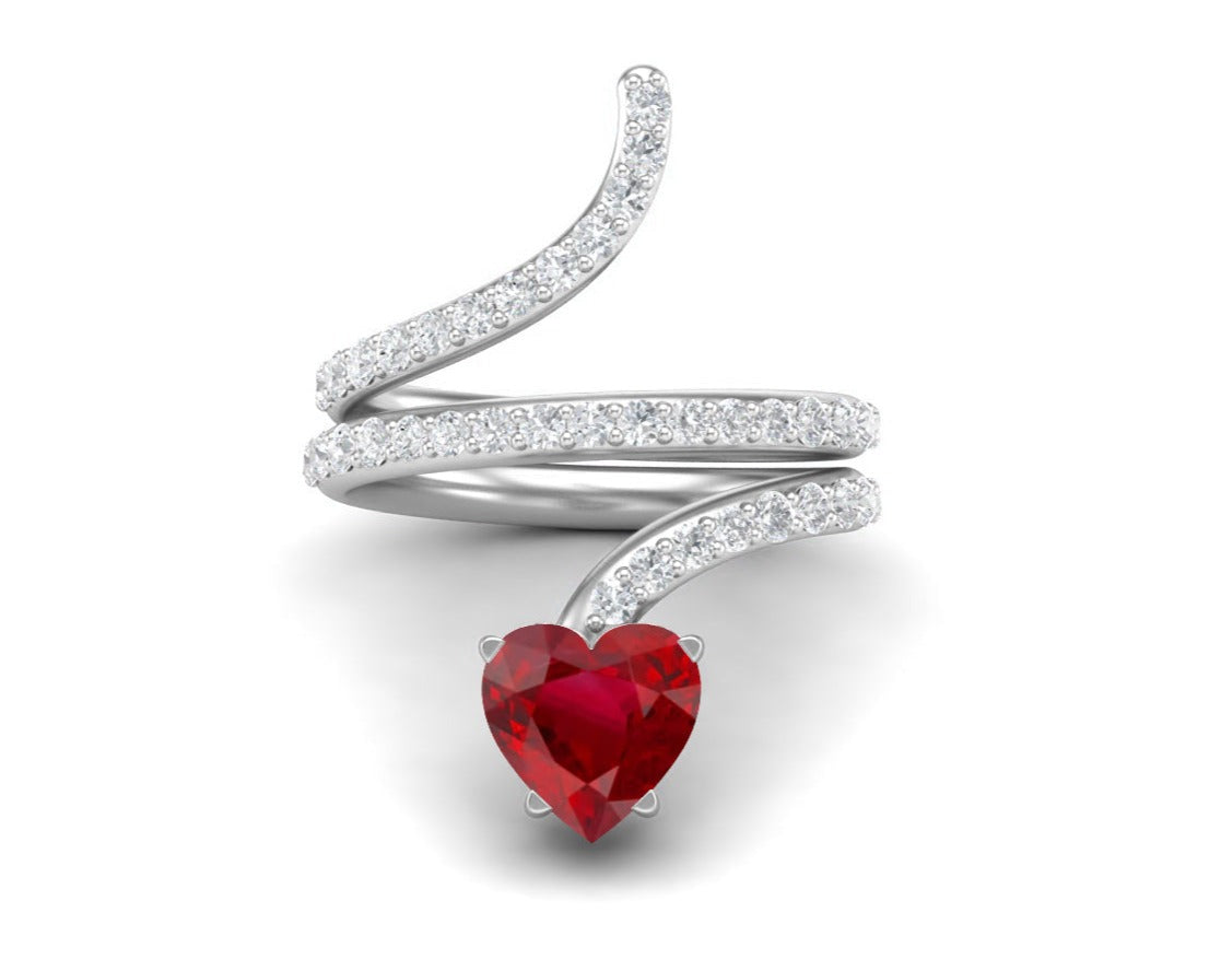 Ruby Heart-Shaped Snake Ring - Sterling Silver