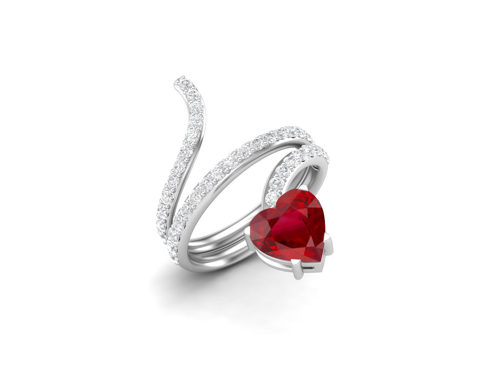 Ruby Heart-Shaped Snake Ring - Sterling Silver