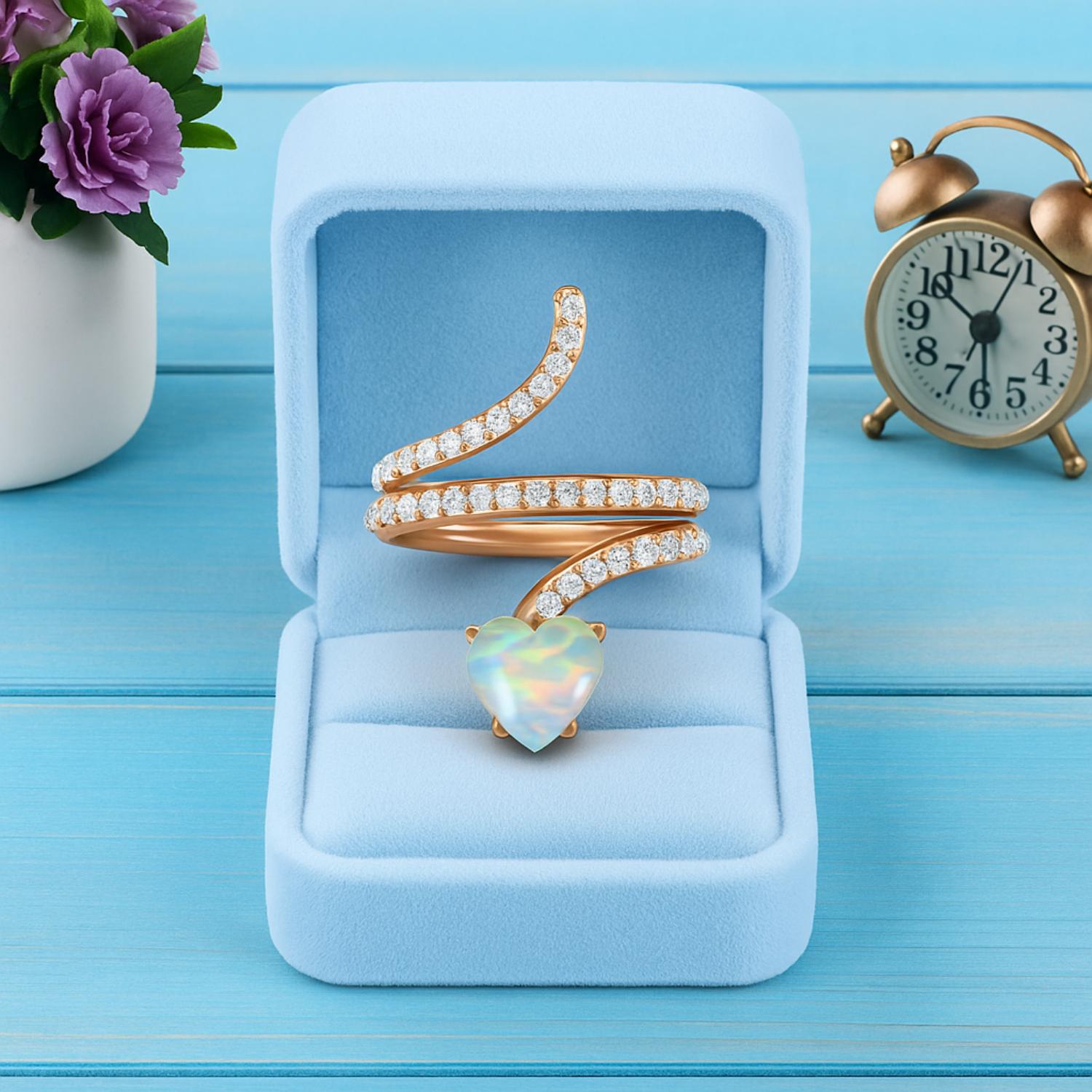 Anello a forma di serpente con cuore in opale da 7 mm in argento sterling 925