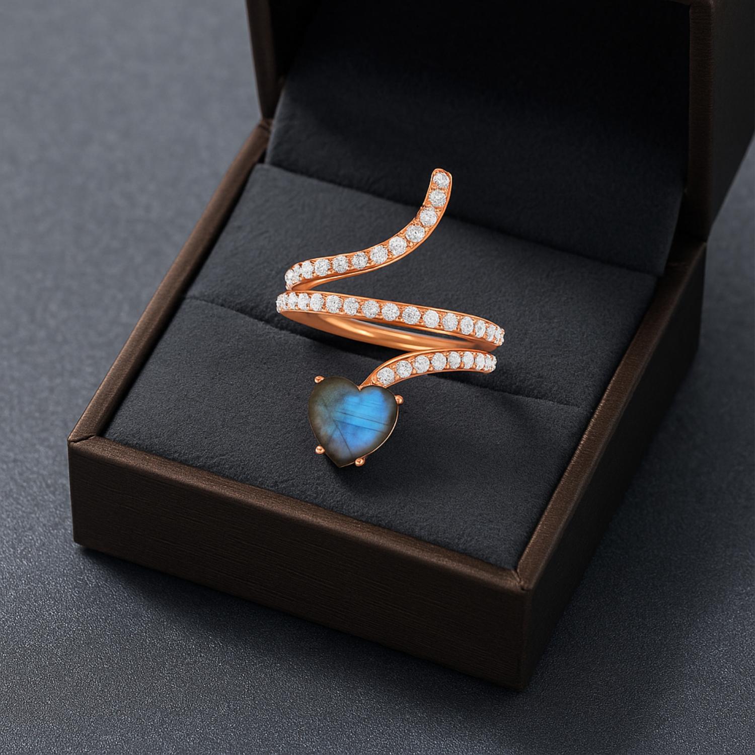 Anello a forma di serpente in labradorite a forma di cuore da 7 mm in argento sterling 925