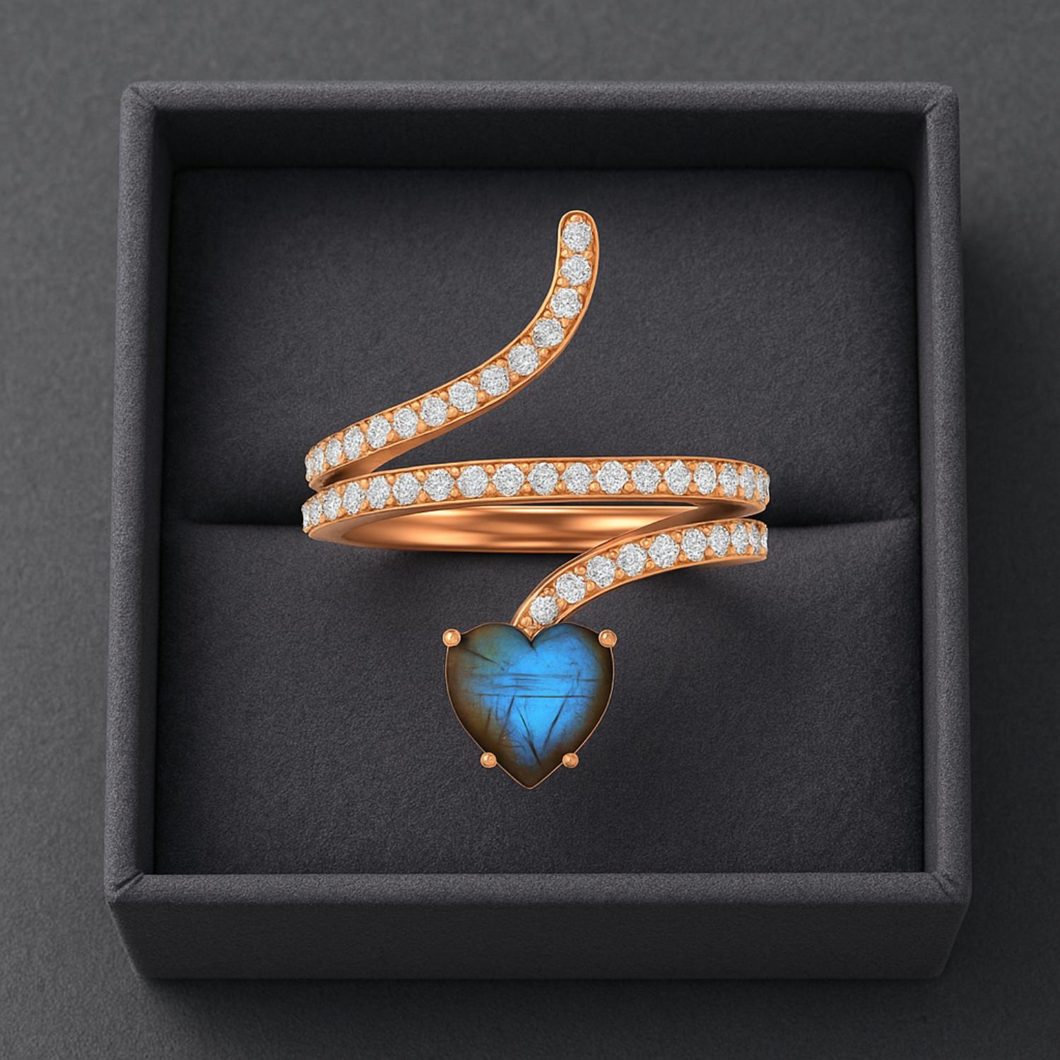 Anello a forma di serpente in labradorite a forma di cuore da 7 mm in argento sterling 925