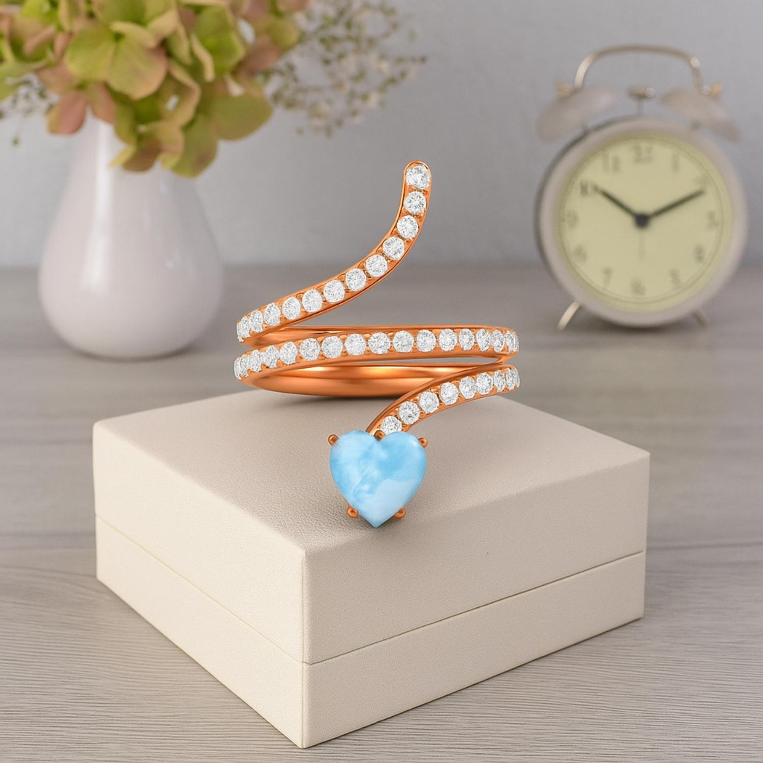 Anello a forma di serpente con pietra preziosa Larimar a forma di cuore da 7 mm
