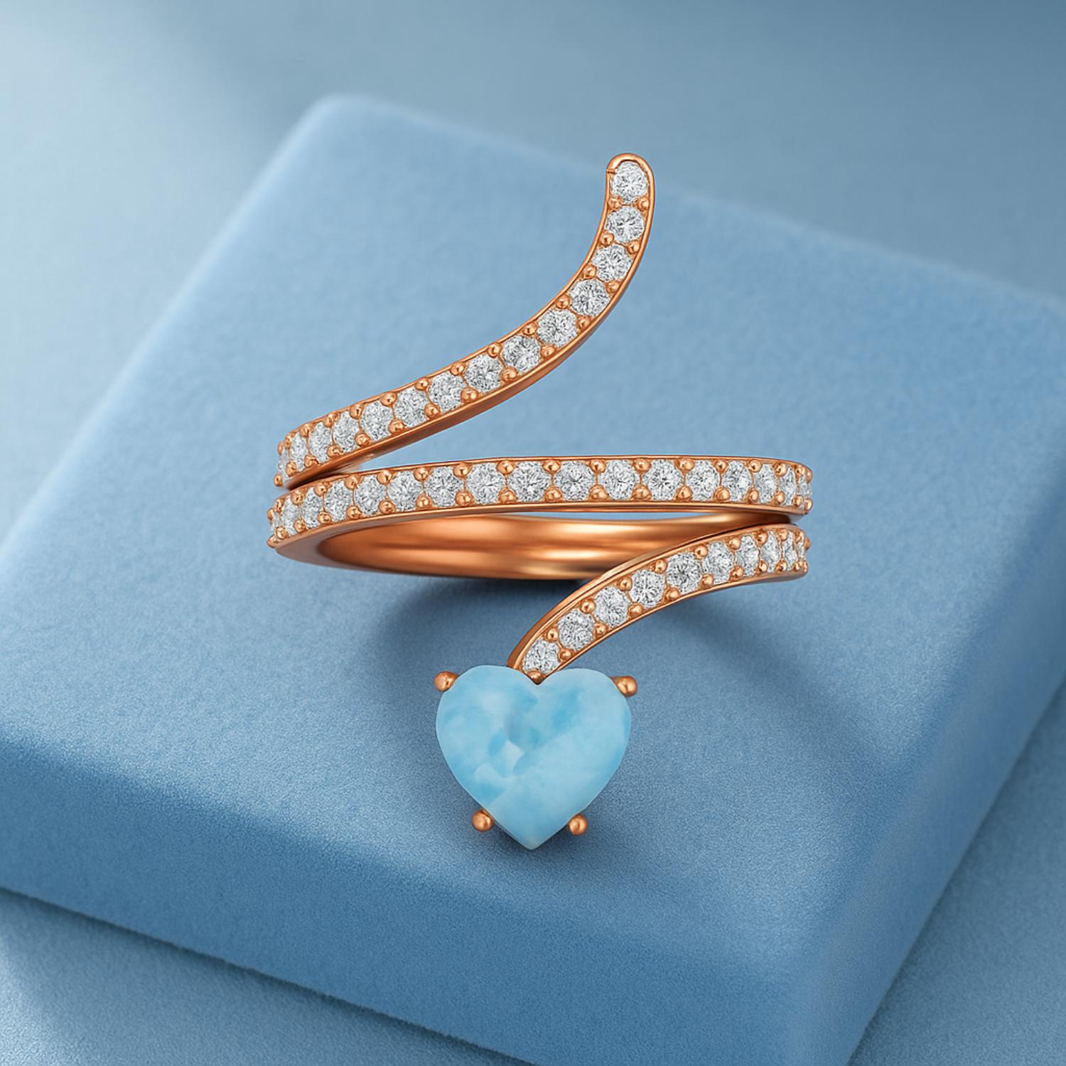 Anello a forma di serpente con pietra preziosa Larimar a forma di cuore da 7 mm