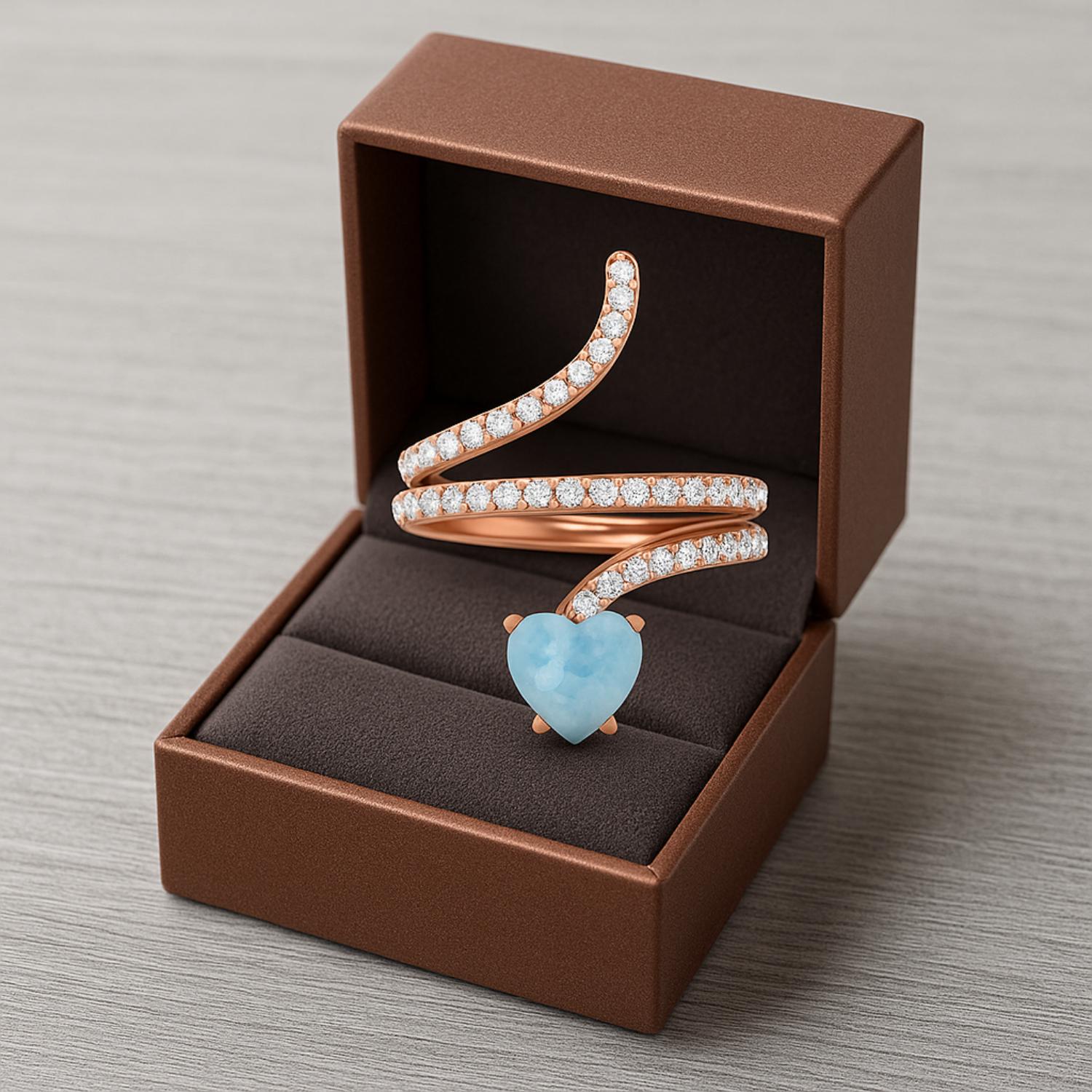 Anello a forma di serpente con pietra preziosa Larimar a forma di cuore da 7 mm
