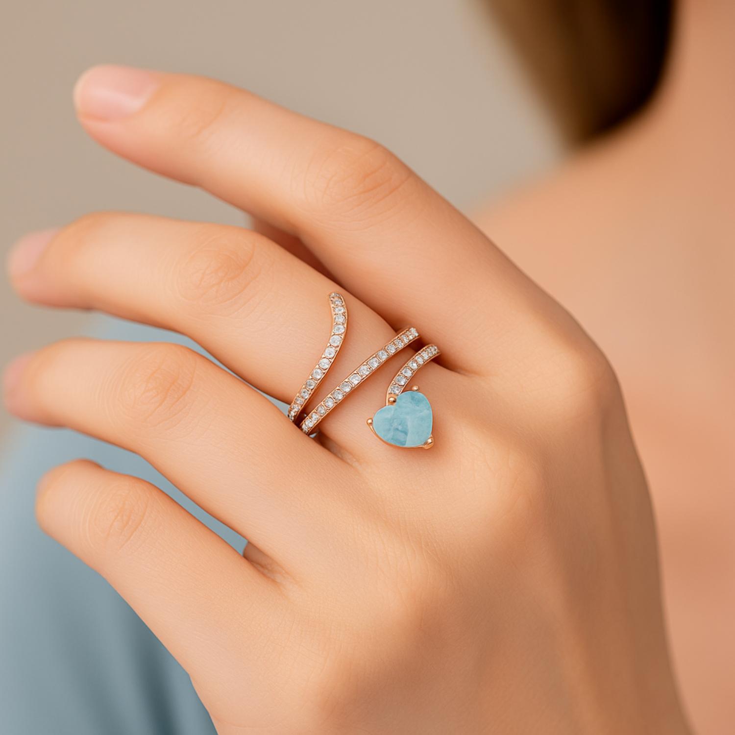 Anello a forma di serpente con pietra preziosa Larimar a forma di cuore da 7 mm