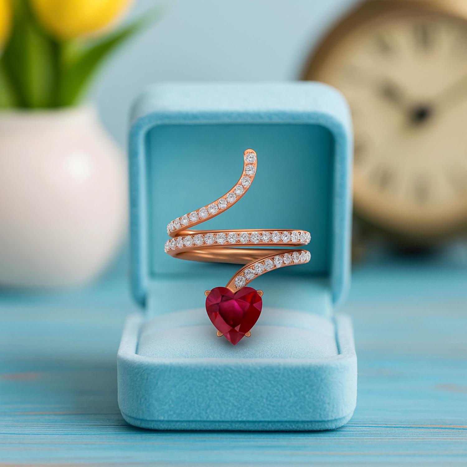 Ruby Heart-Shaped Snake Ring - Sterling Silver