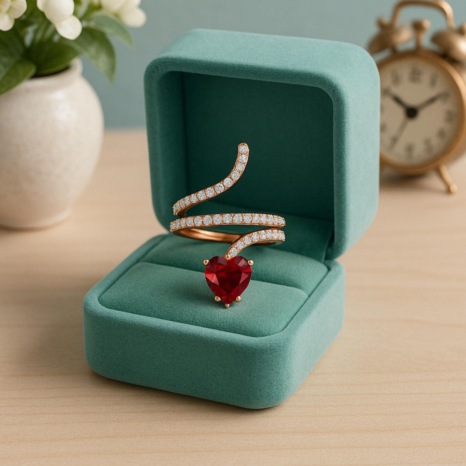 Ruby Heart-Shaped Snake Ring - Sterling Silver
