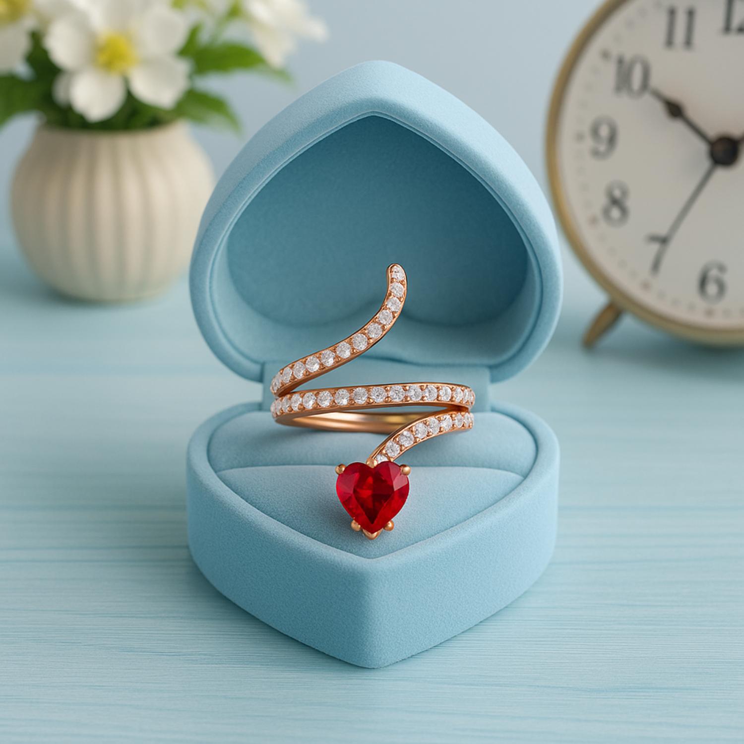 Ruby Heart-Shaped Snake Ring - Sterling Silver