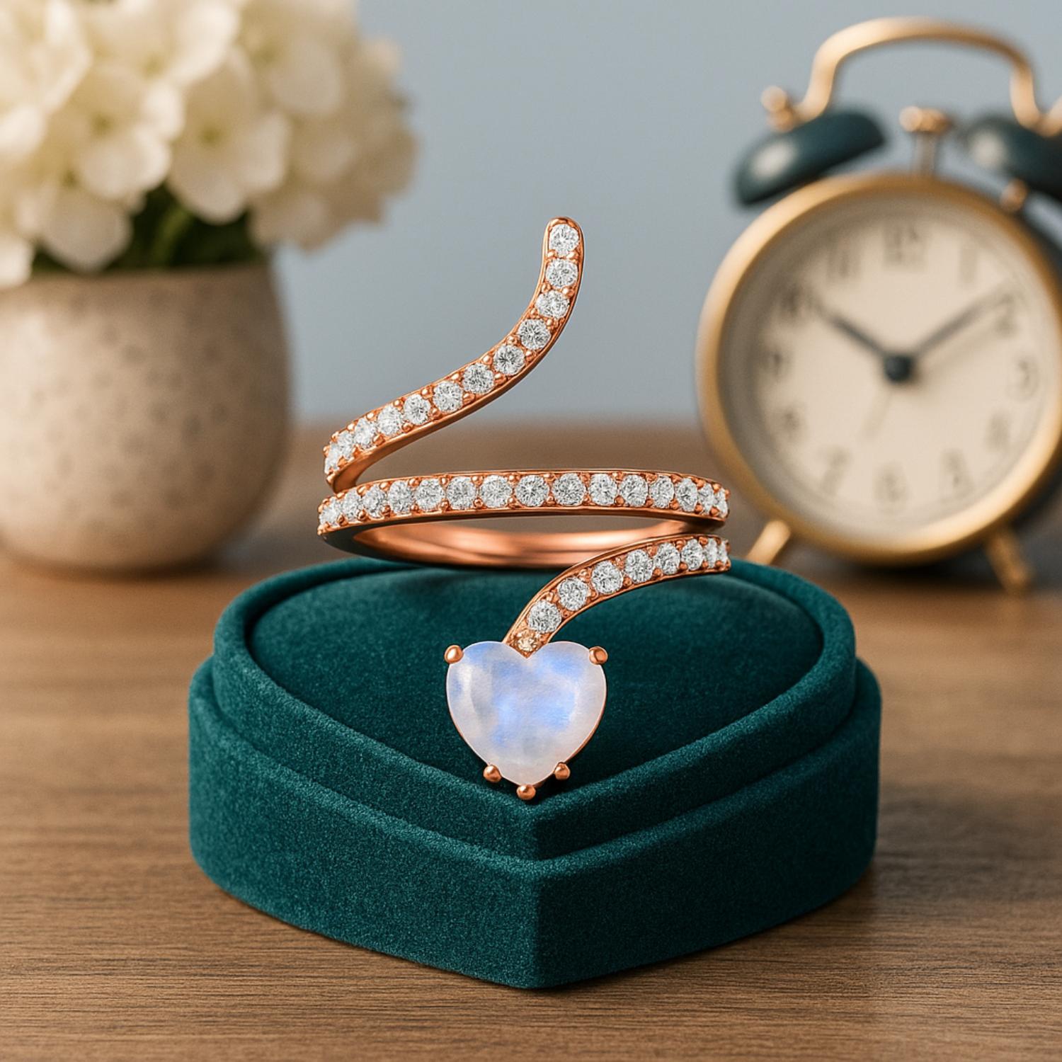 Anello a forma di serpente con pietra di luna a forma di cuore da 7 mm in argento sterling 925