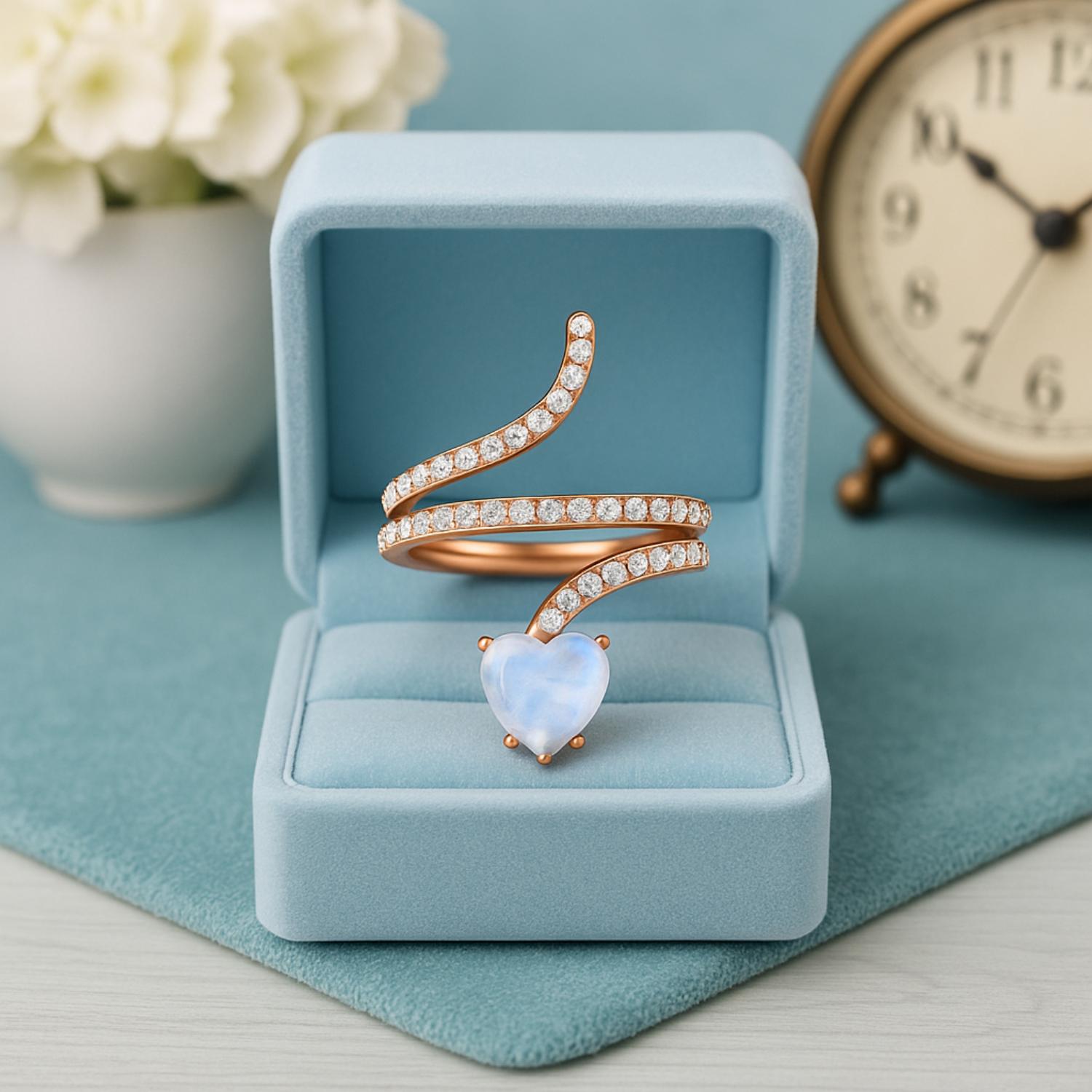Anello a forma di serpente con pietra di luna a forma di cuore da 7 mm in argento sterling 925