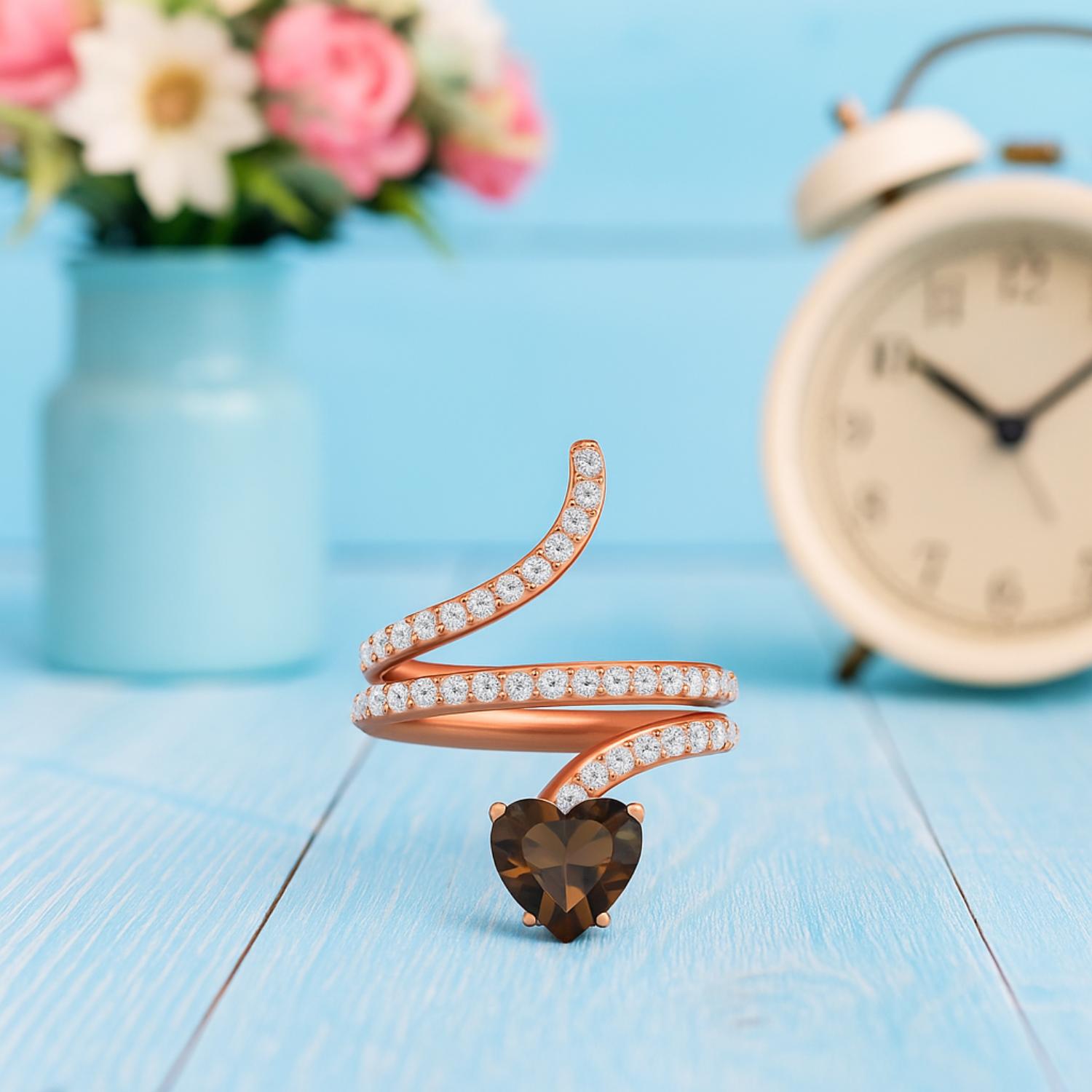 Anello a forma di serpente in quarzo fumé a forma di cuore da 7 mm in argento sterling 925