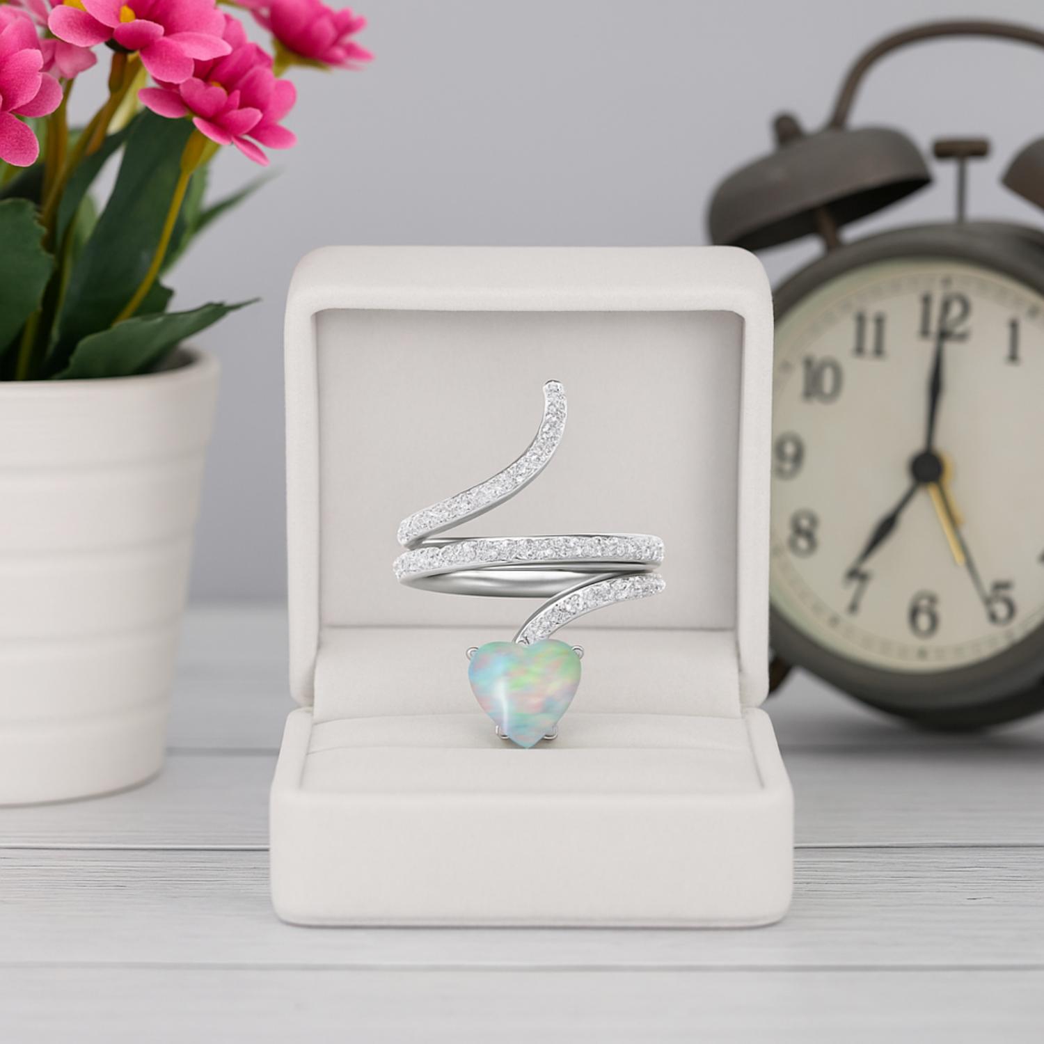 Anello a forma di serpente con cuore in opale da 7 mm in argento sterling 925