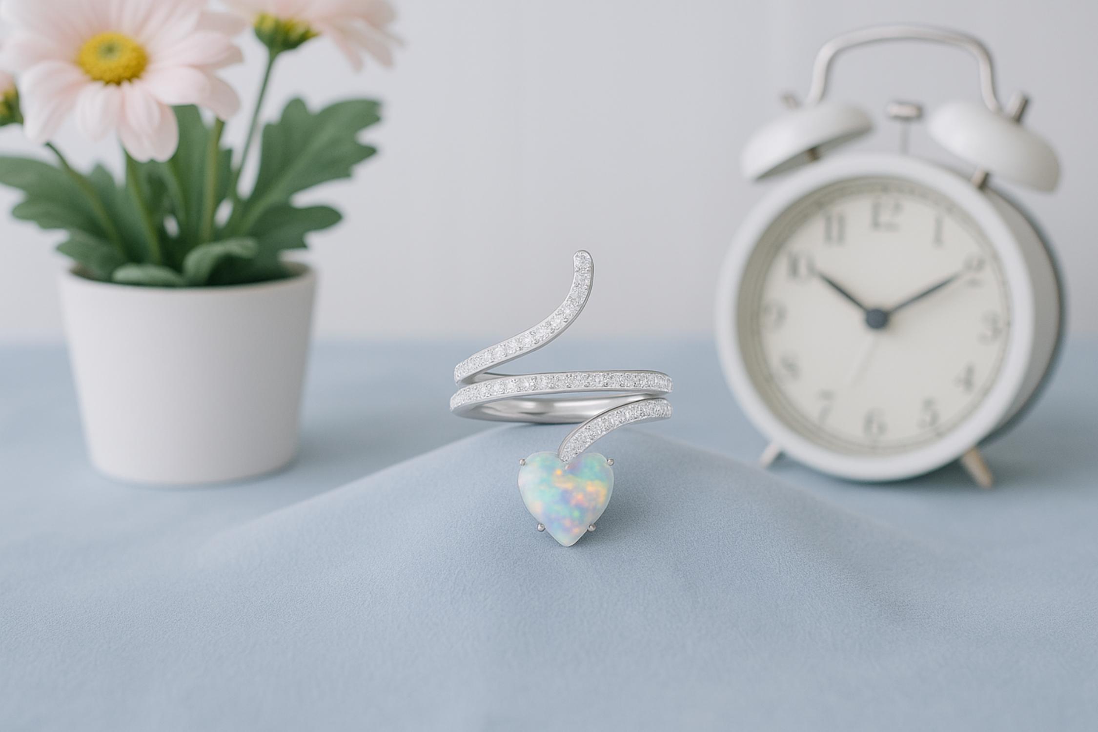 Anello a forma di serpente con cuore in opale da 7 mm in argento sterling 925