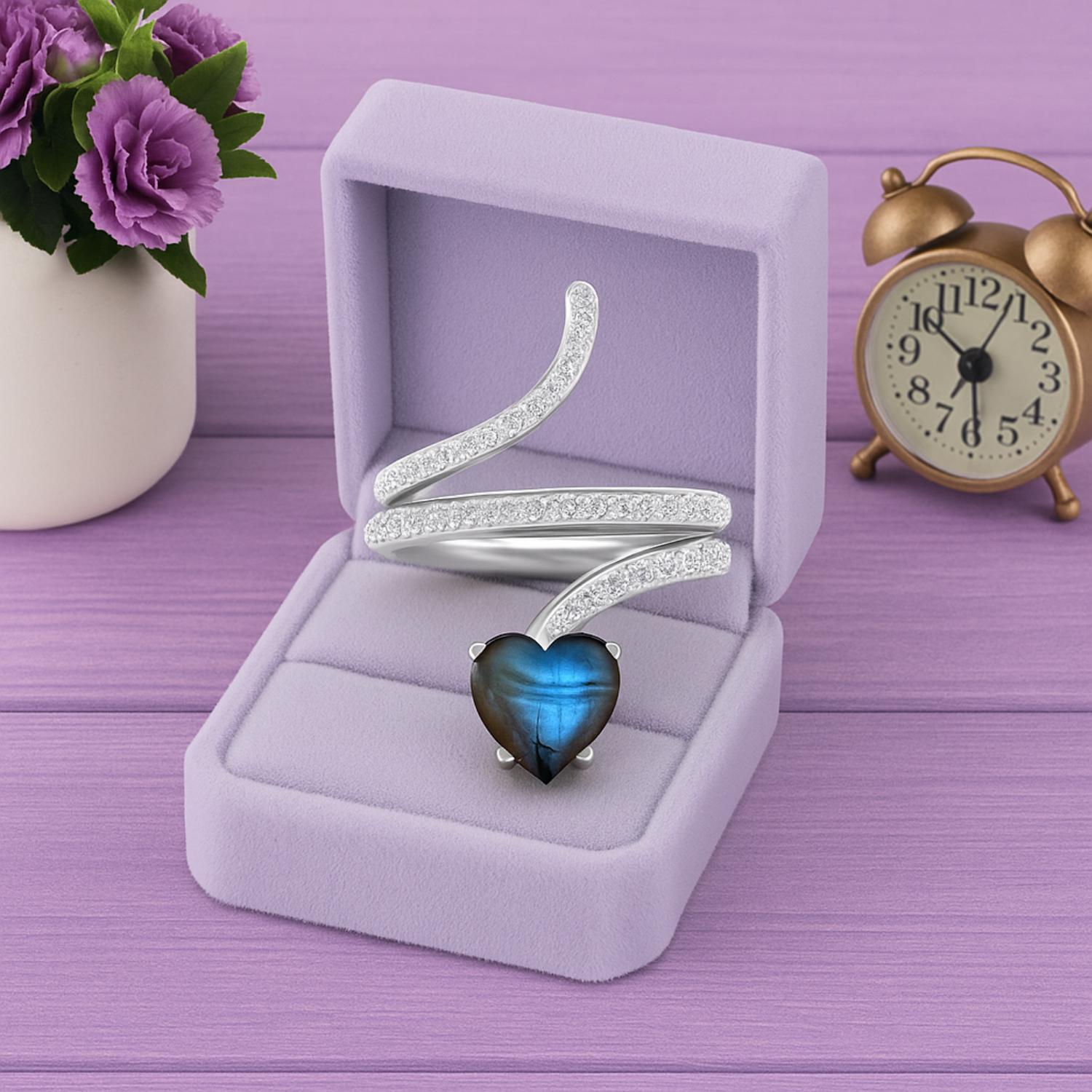 Anello a forma di serpente in labradorite a forma di cuore da 7 mm in argento sterling 925