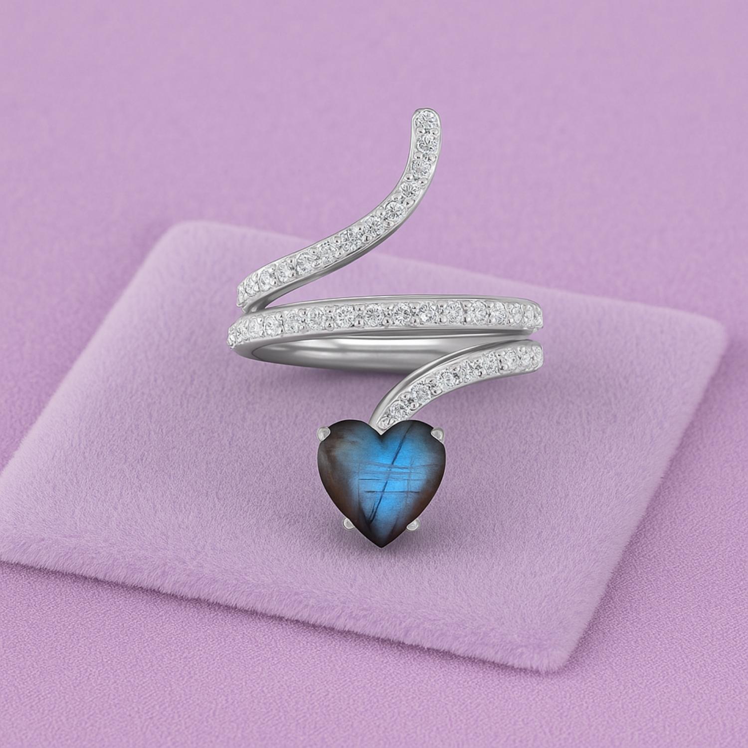Anello a forma di serpente in labradorite a forma di cuore da 7 mm in argento sterling 925
