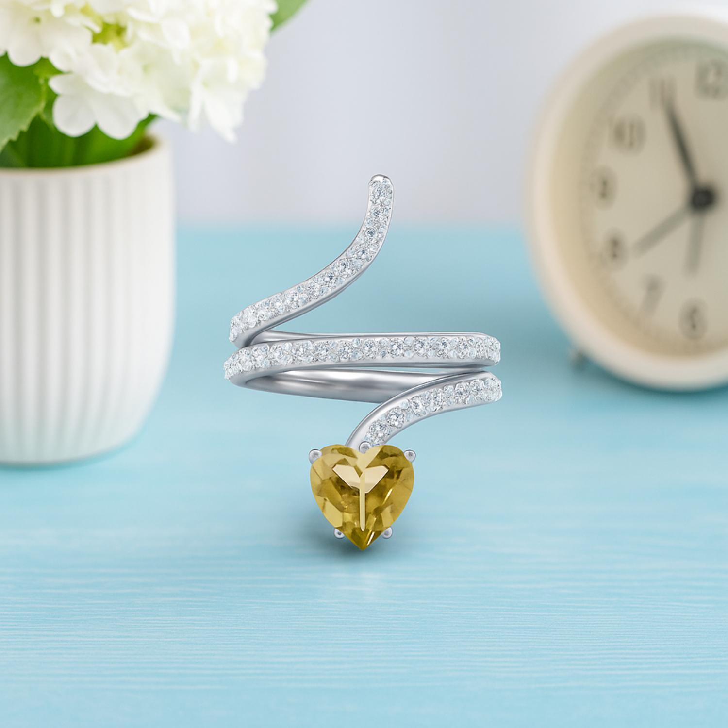 Lemon Quartz Heart-Shaped Snake Ring - Sterling Silver