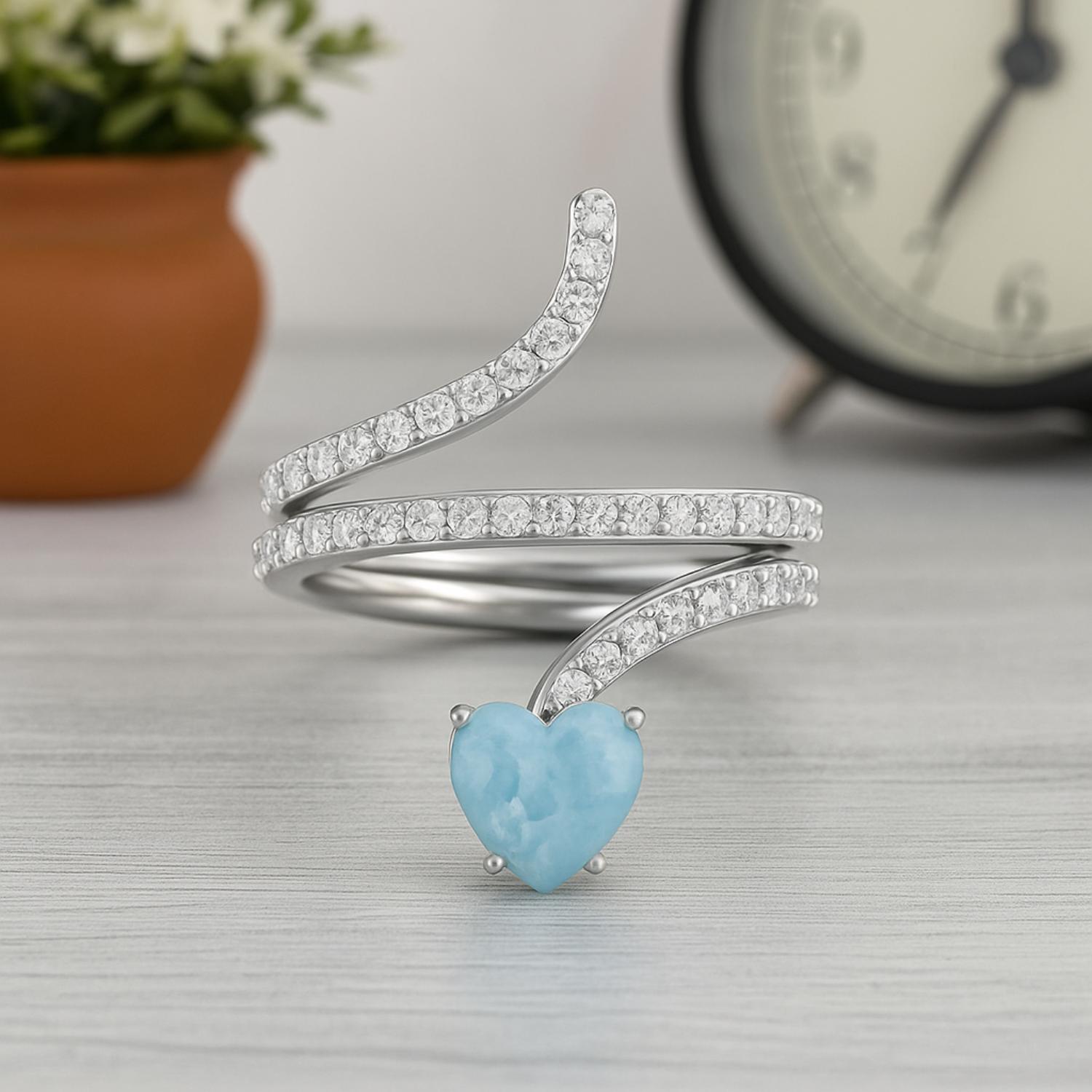 Anello a forma di serpente con pietra preziosa Larimar a forma di cuore da 7 mm