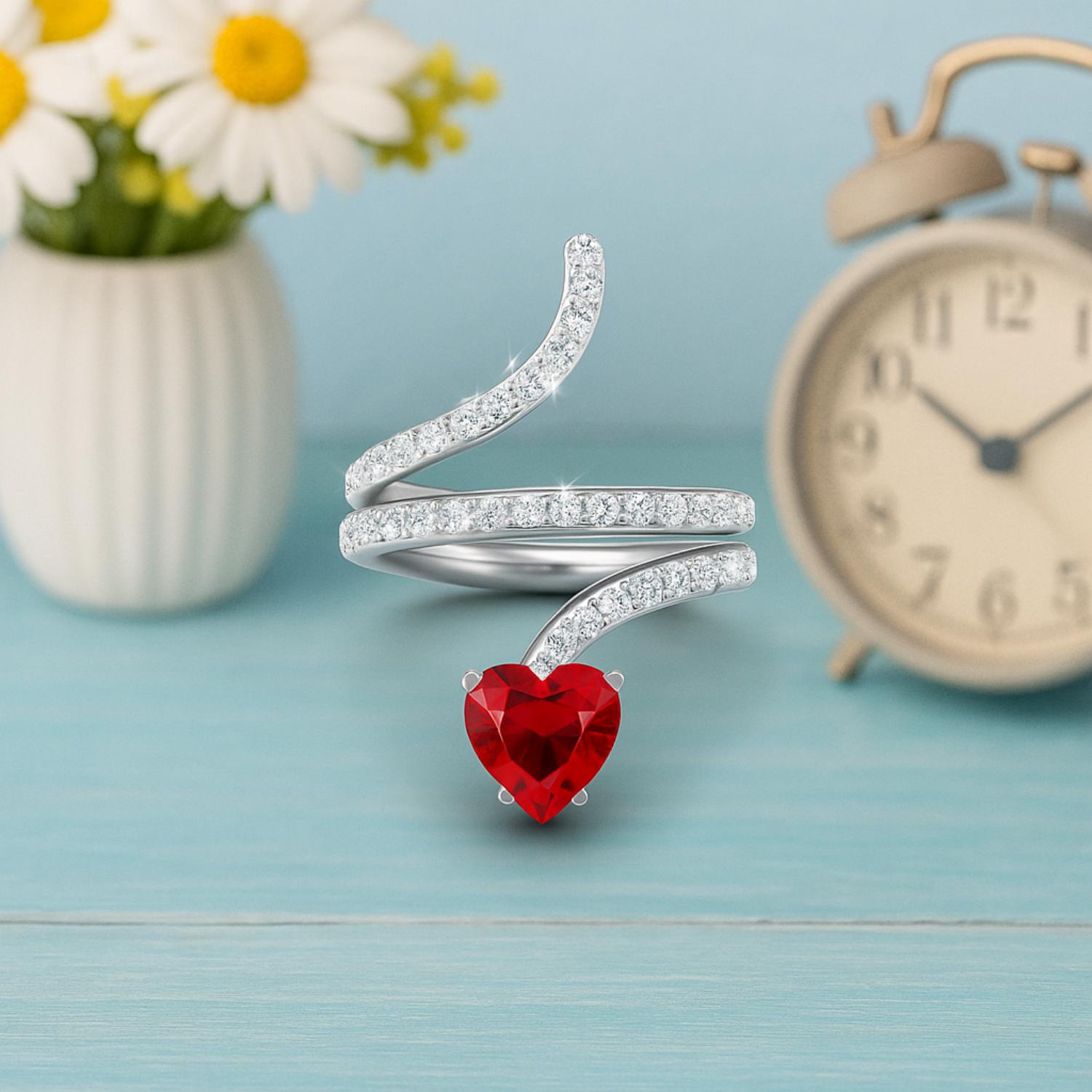 Ruby Heart-Shaped Snake Ring - Sterling Silver