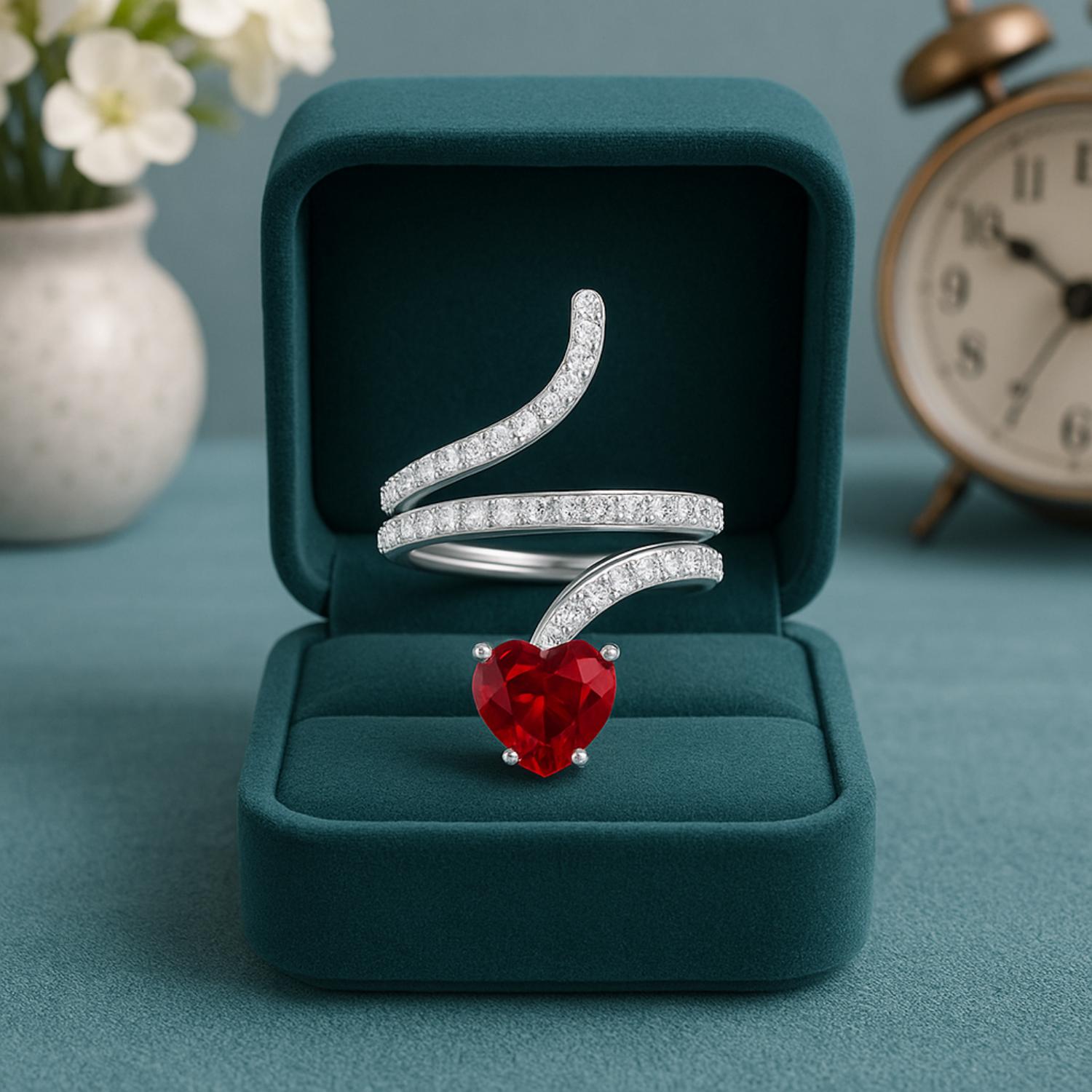 Ruby Heart-Shaped Snake Ring - Sterling Silver