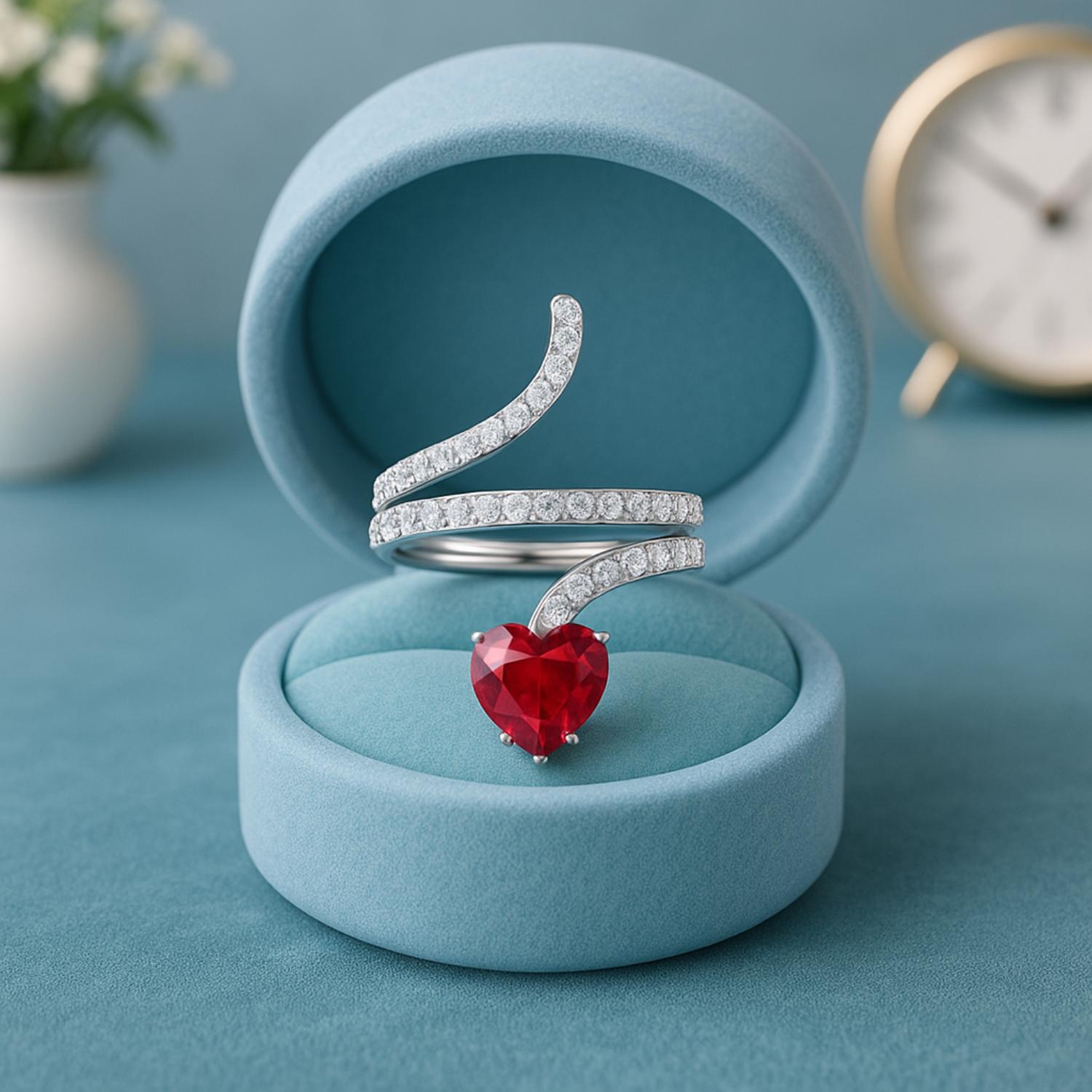 Ruby Heart-Shaped Snake Ring - Sterling Silver