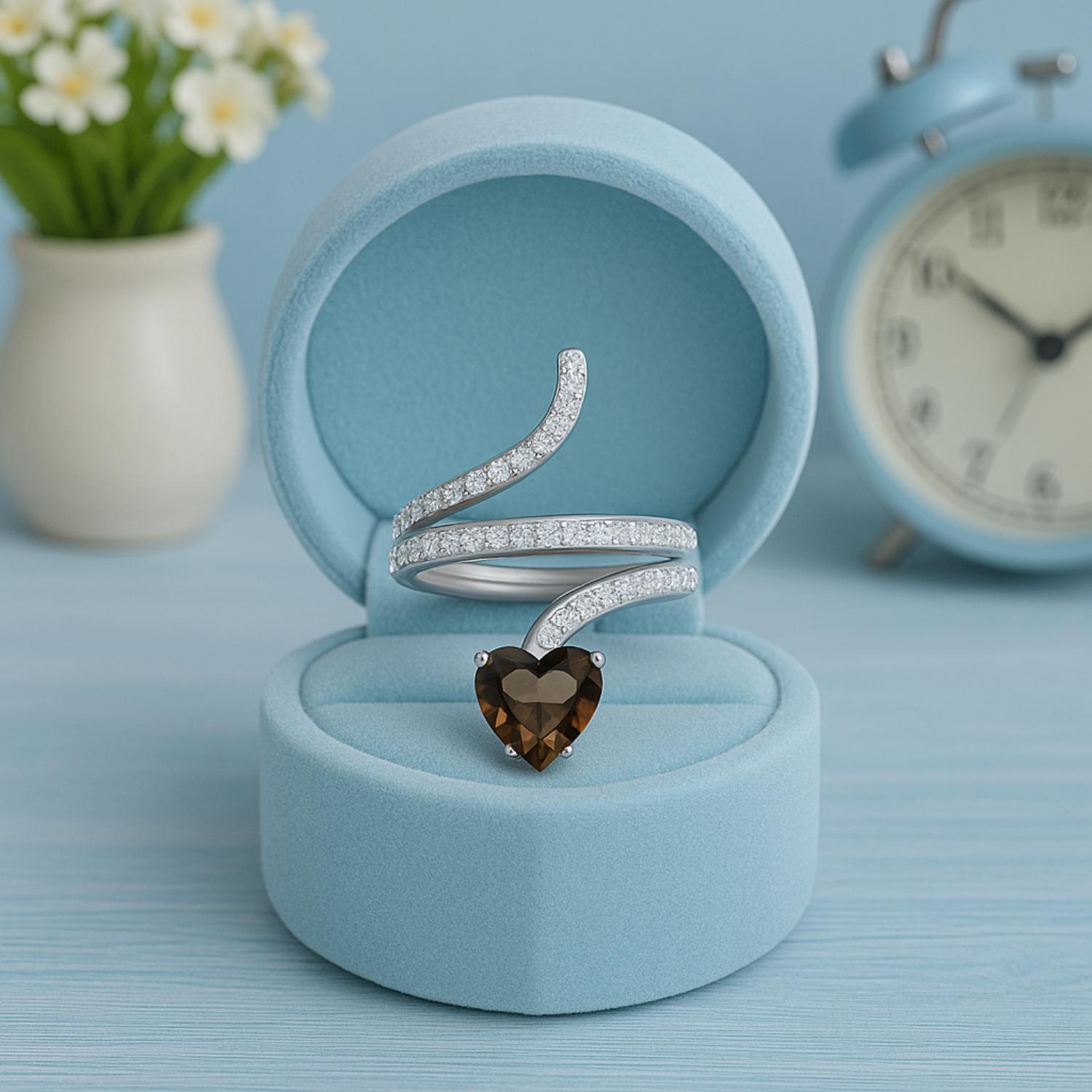 Anello a forma di serpente in quarzo fumé a forma di cuore da 7 mm in argento sterling 925