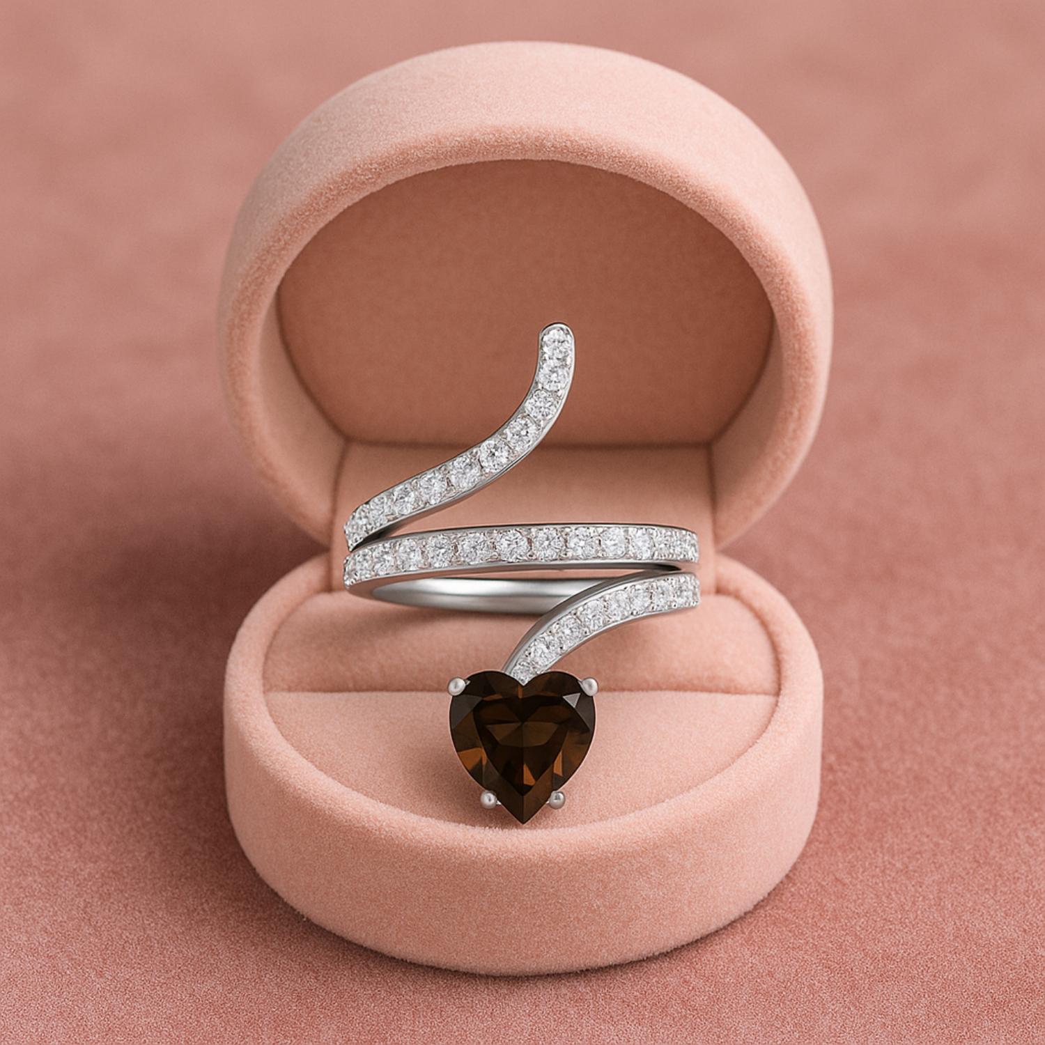 Anello a forma di serpente in quarzo fumé a forma di cuore da 7 mm in argento sterling 925