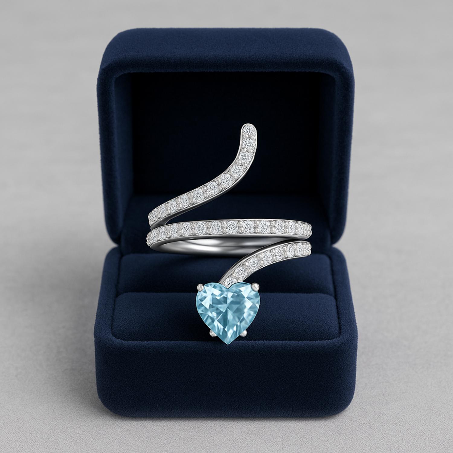 Anello a forma di serpente con topazio blu a forma di cuore da 7 mm in argento sterling 925