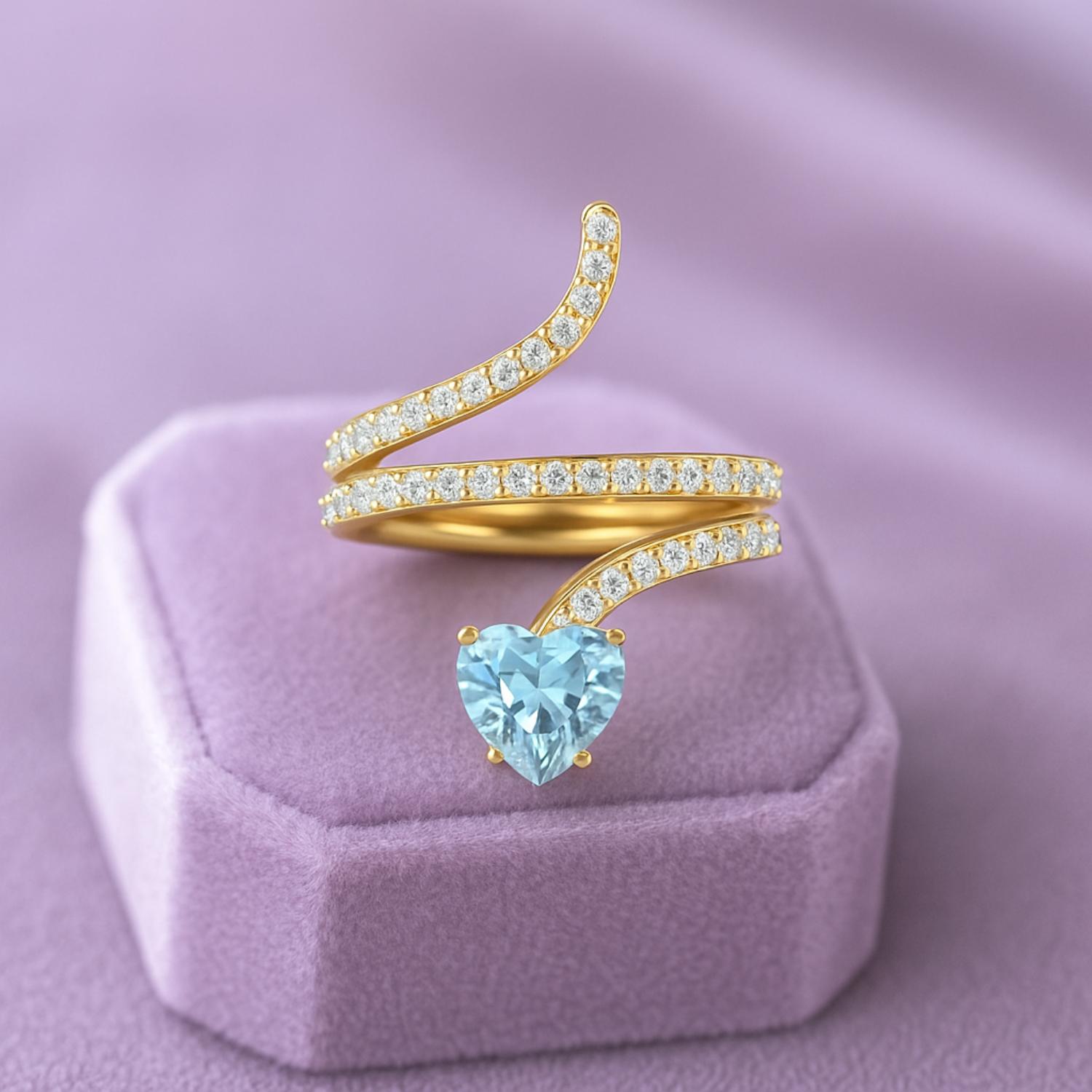Anello a forma di serpente con topazio blu a forma di cuore da 7 mm in argento sterling 925