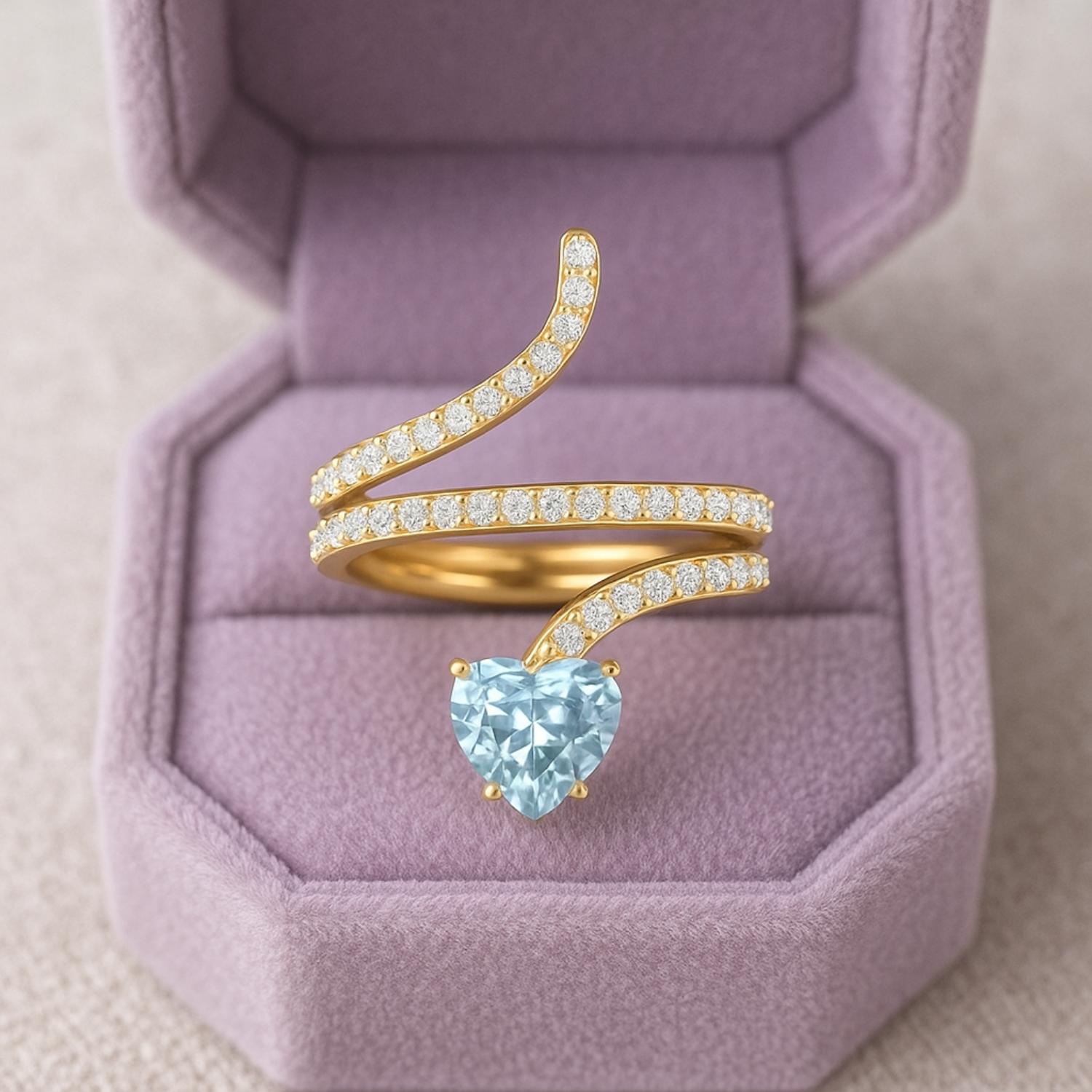 Anello a forma di serpente con topazio blu a forma di cuore da 7 mm in argento sterling 925