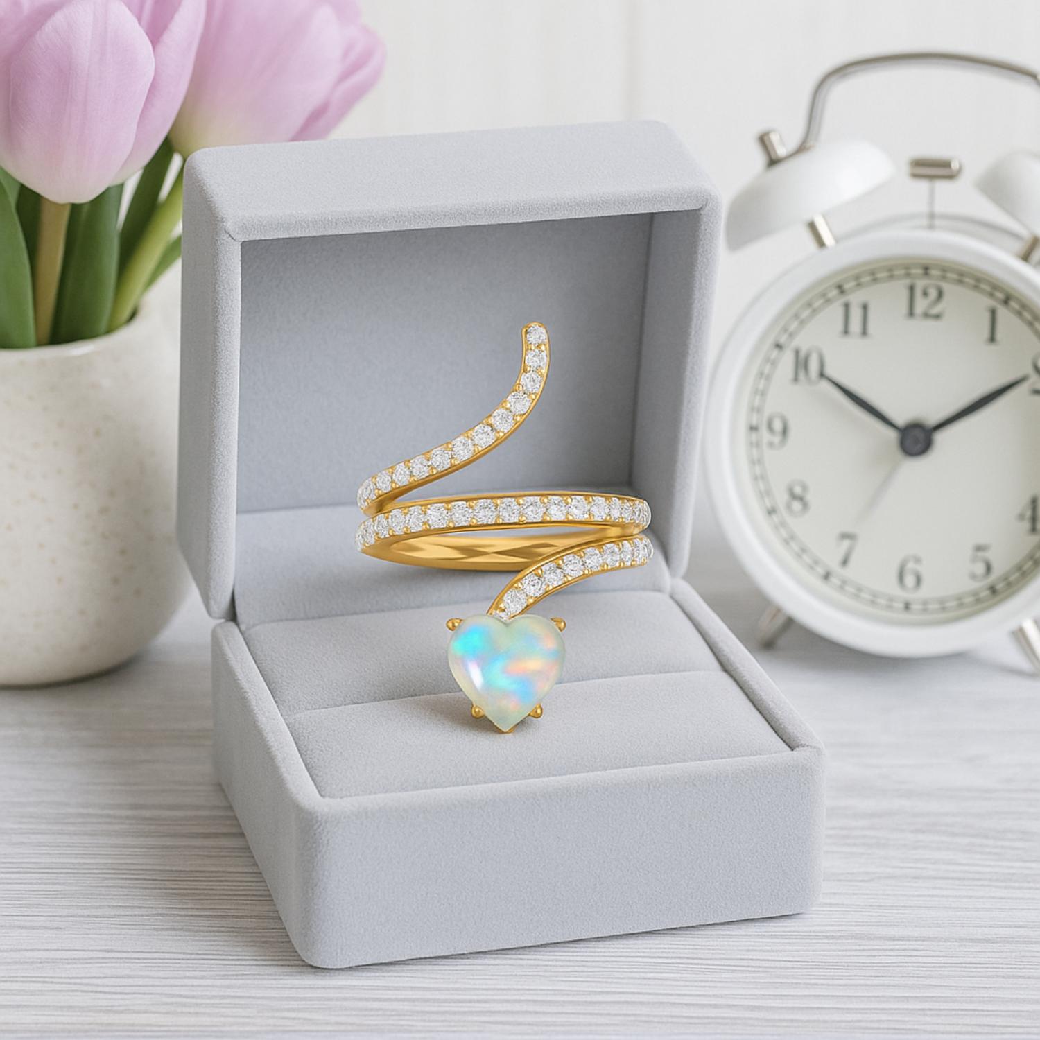 Anello a forma di serpente con cuore in opale da 7 mm in argento sterling 925