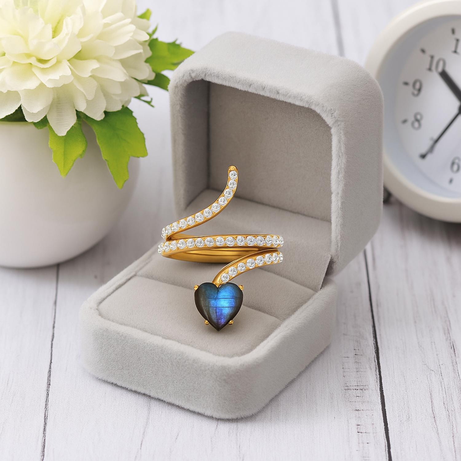 Anello a forma di serpente in labradorite a forma di cuore da 7 mm in argento sterling 925