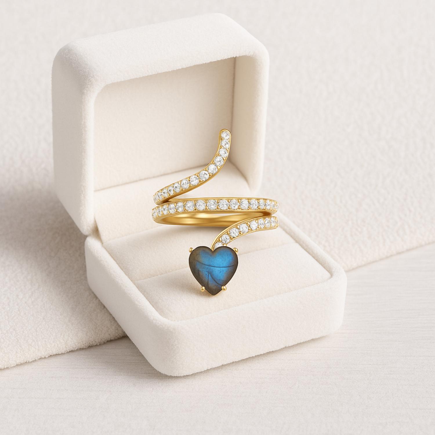 Anello a forma di serpente in labradorite a forma di cuore da 7 mm in argento sterling 925
