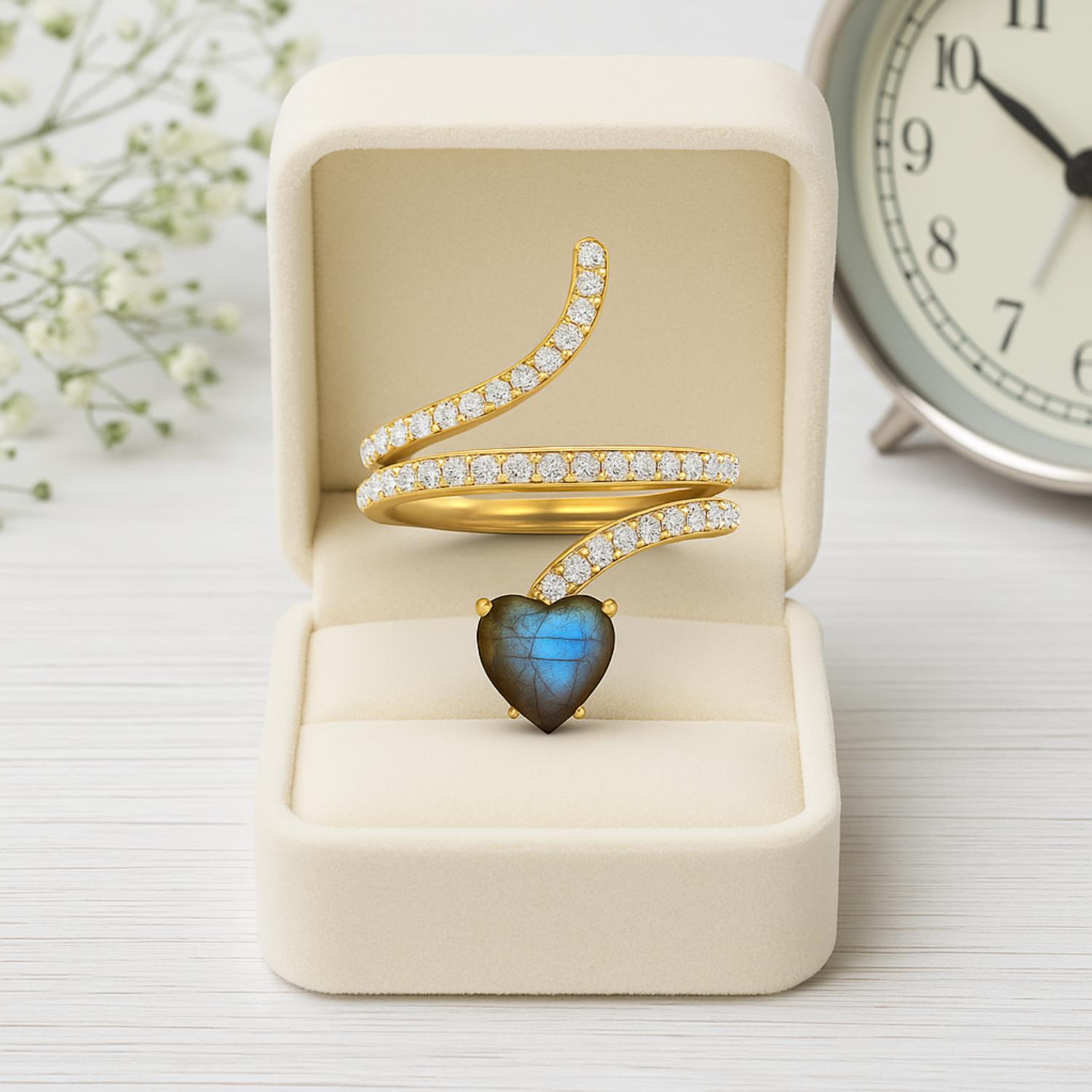 Anello a forma di serpente in labradorite a forma di cuore da 7 mm in argento sterling 925