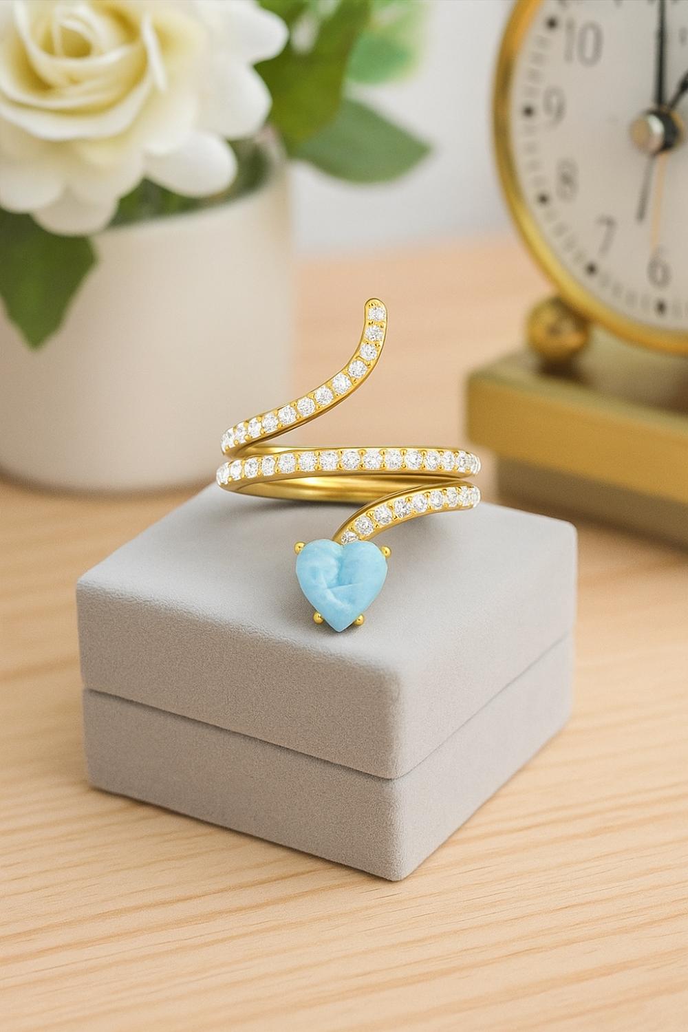 Anello a forma di serpente con pietra preziosa Larimar a forma di cuore da 7 mm