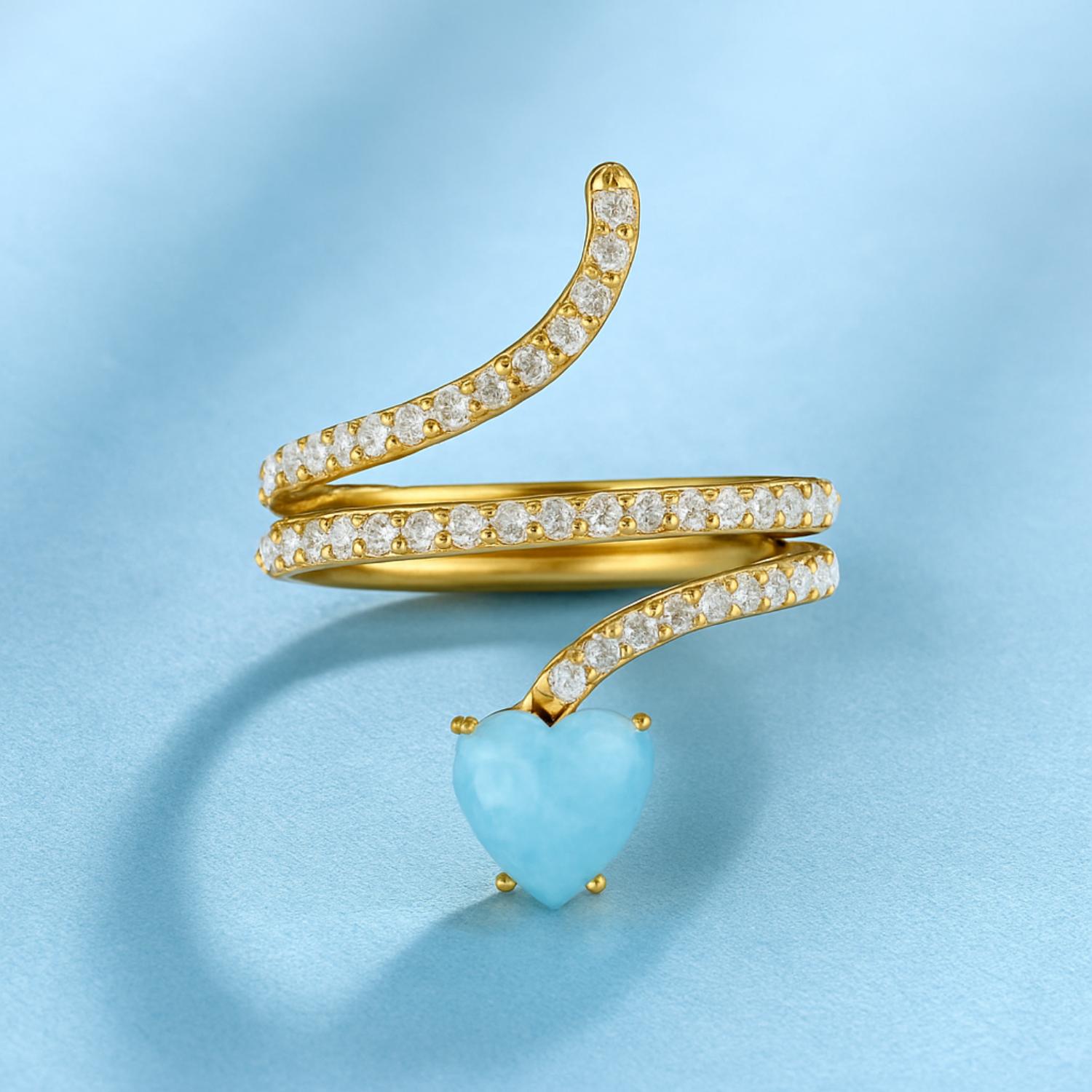 Anello a forma di serpente con pietra preziosa Larimar a forma di cuore da 7 mm