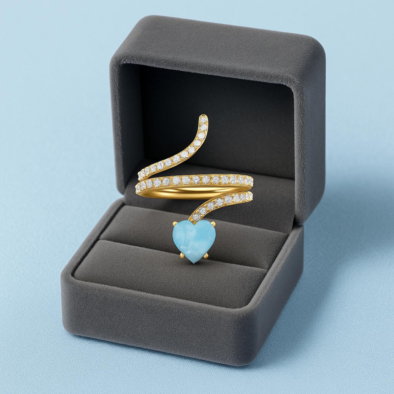 Anello a forma di serpente con pietra preziosa Larimar a forma di cuore da 7 mm