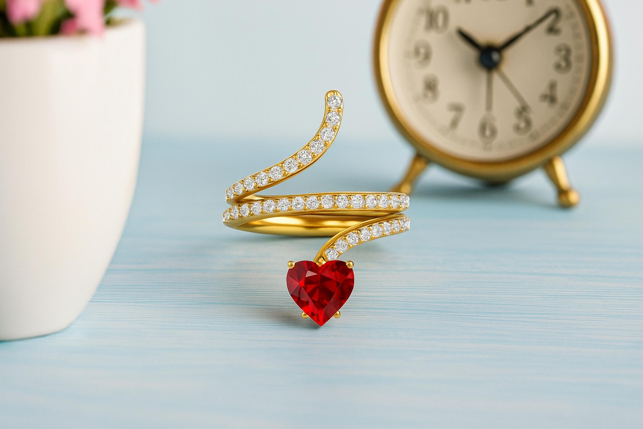 Ruby Heart-Shaped Snake Ring - Sterling Silver