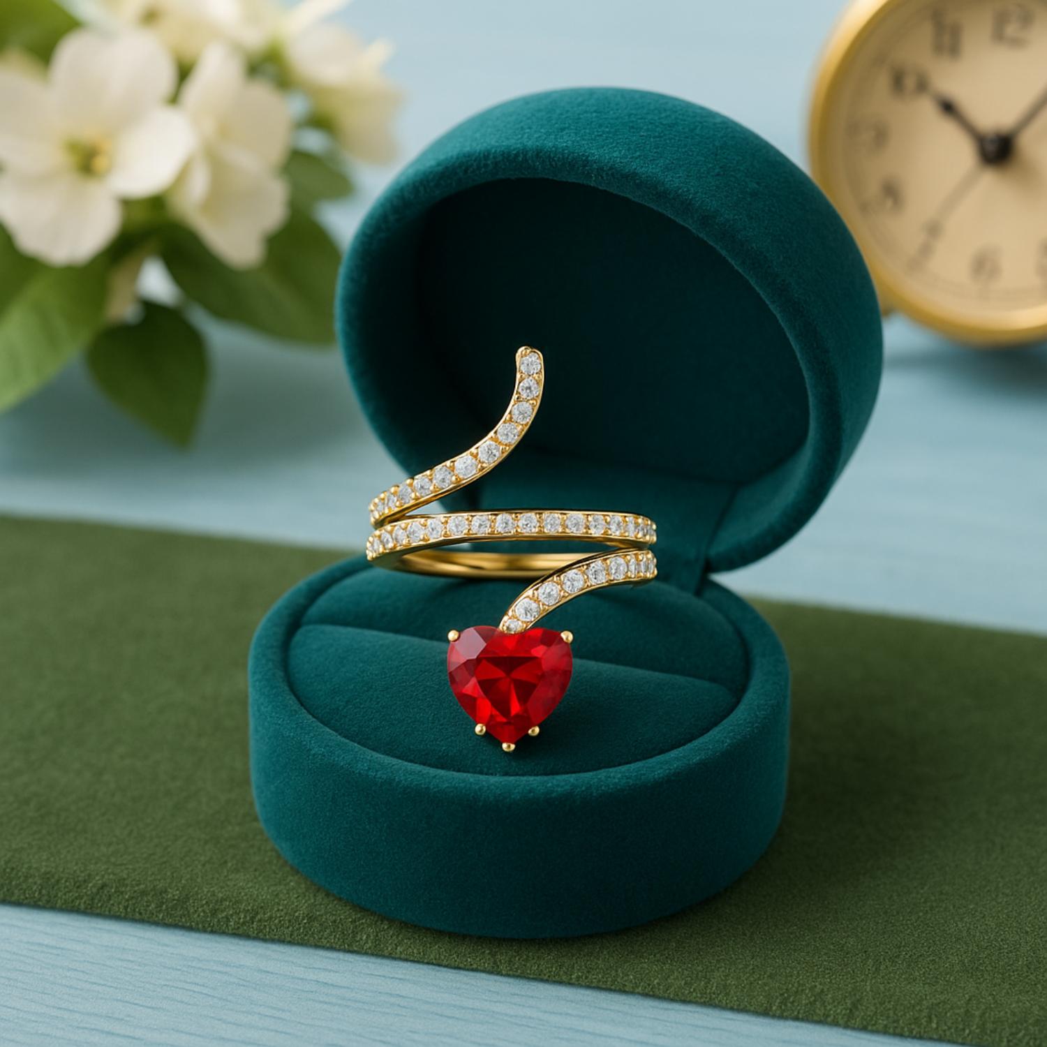 Ruby Heart-Shaped Snake Ring - Sterling Silver