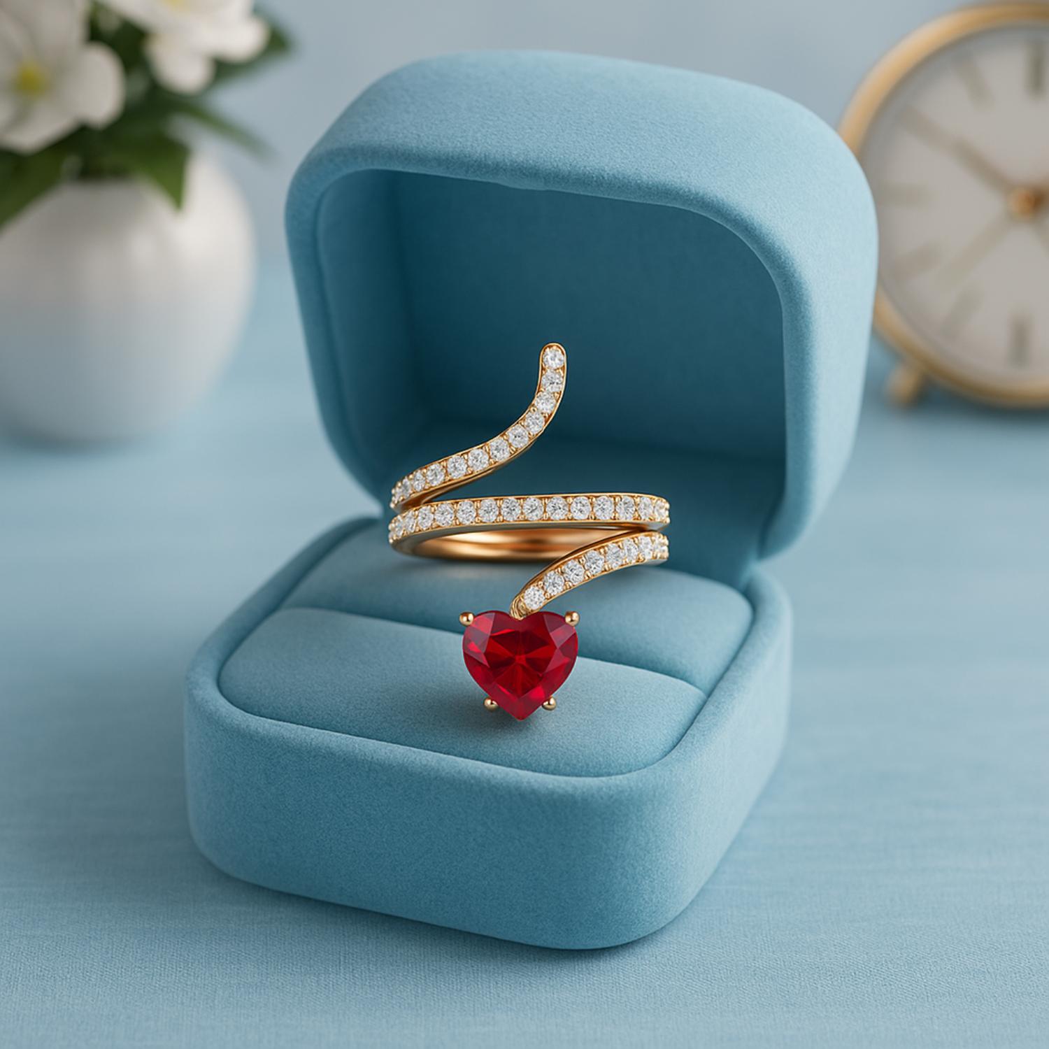 Ruby Heart-Shaped Snake Ring - Sterling Silver